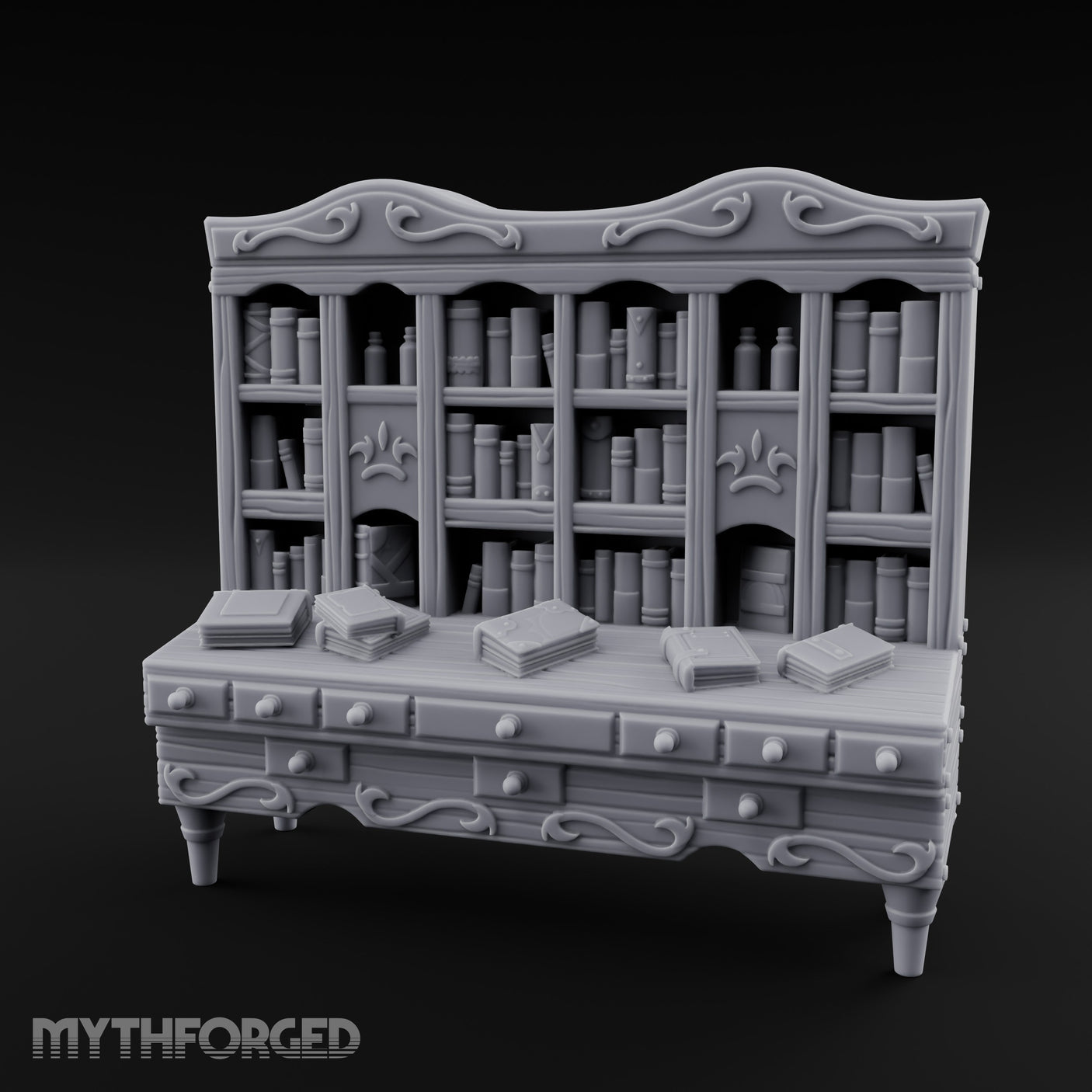 Fleur-de-Lis Drawer-Fronted Noble Grand Bookcase Desk Miniature for Dungeons and Dragons, Pathfinder or other TTRPGs