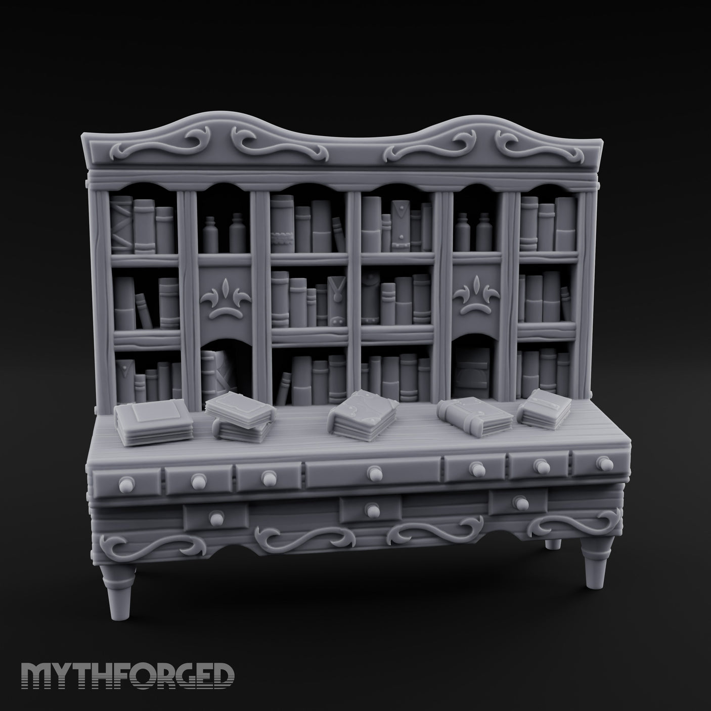 Fleur-de-Lis Drawer-Fronted Noble Grand Bookcase Desk Miniature for Dungeons and Dragons, Pathfinder or other TTRPGs