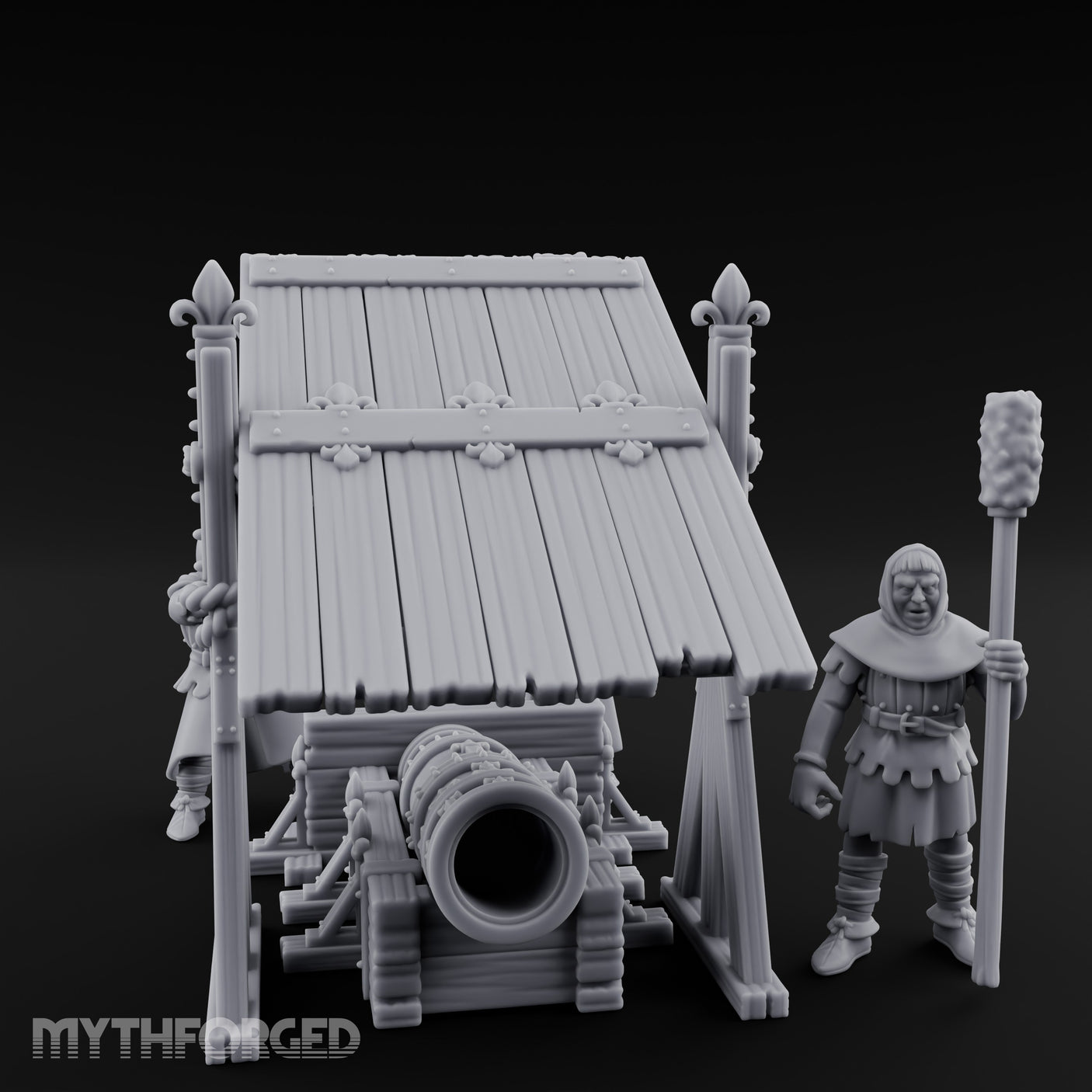 Fleur-de-Lis Roofed Rammer Bearing Covered Bombard Team Miniature for Dungeons and Dragons, Pathfinder or other TTRPGs