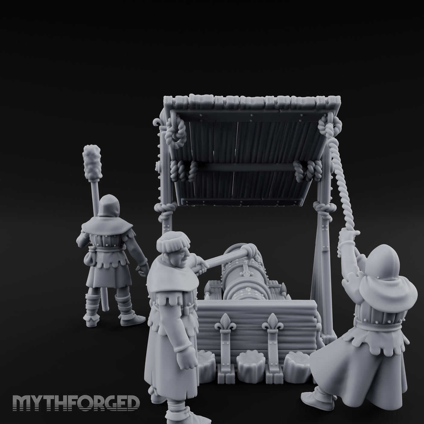 Fleur-de-Lis Roofed Rammer Bearing Covered Bombard Team Miniature for Dungeons and Dragons, Pathfinder or other TTRPGs