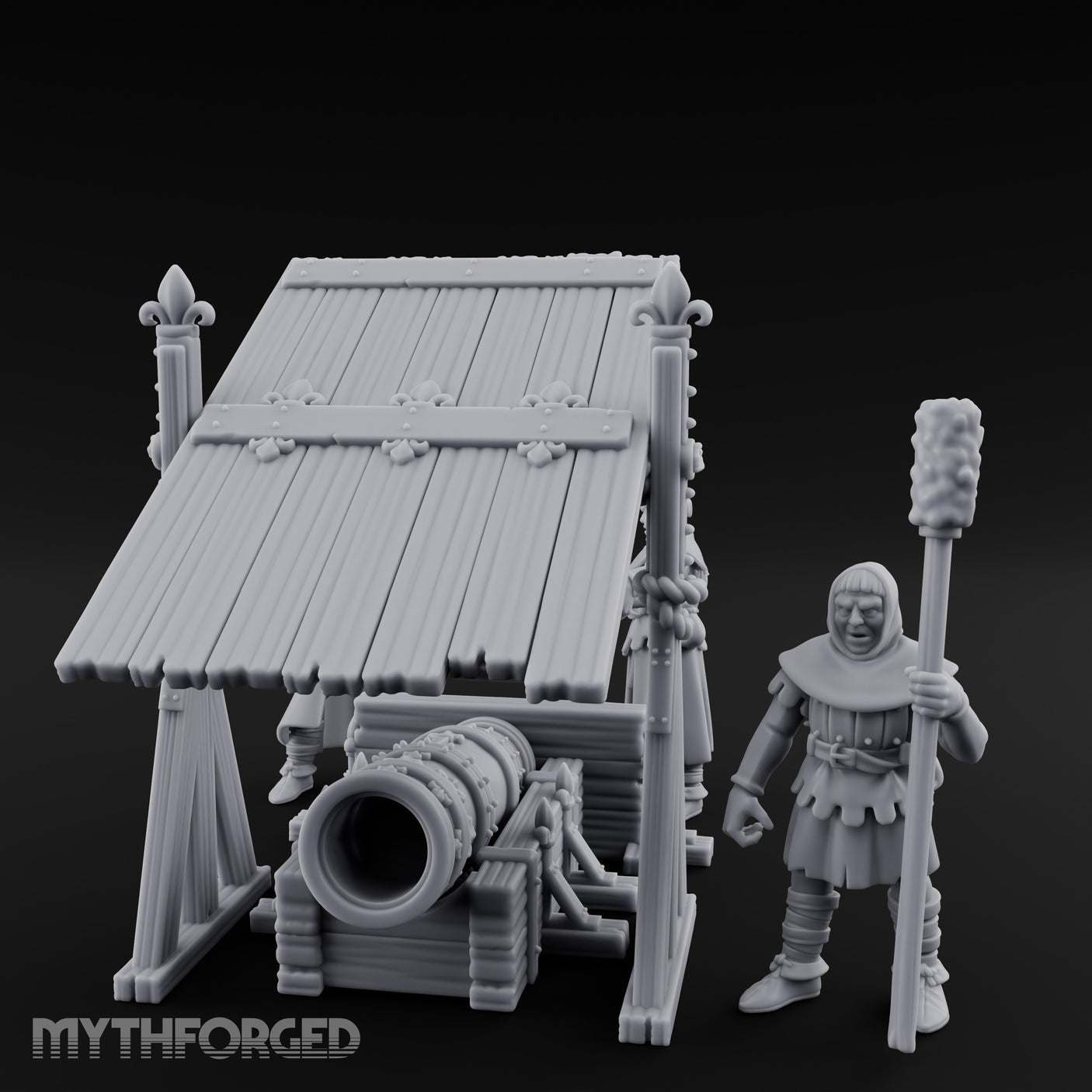 Fleur-de-Lis Roofed Rammer Bearing Covered Bombard Team Miniature for Dungeons and Dragons, Pathfinder or other TTRPGs
