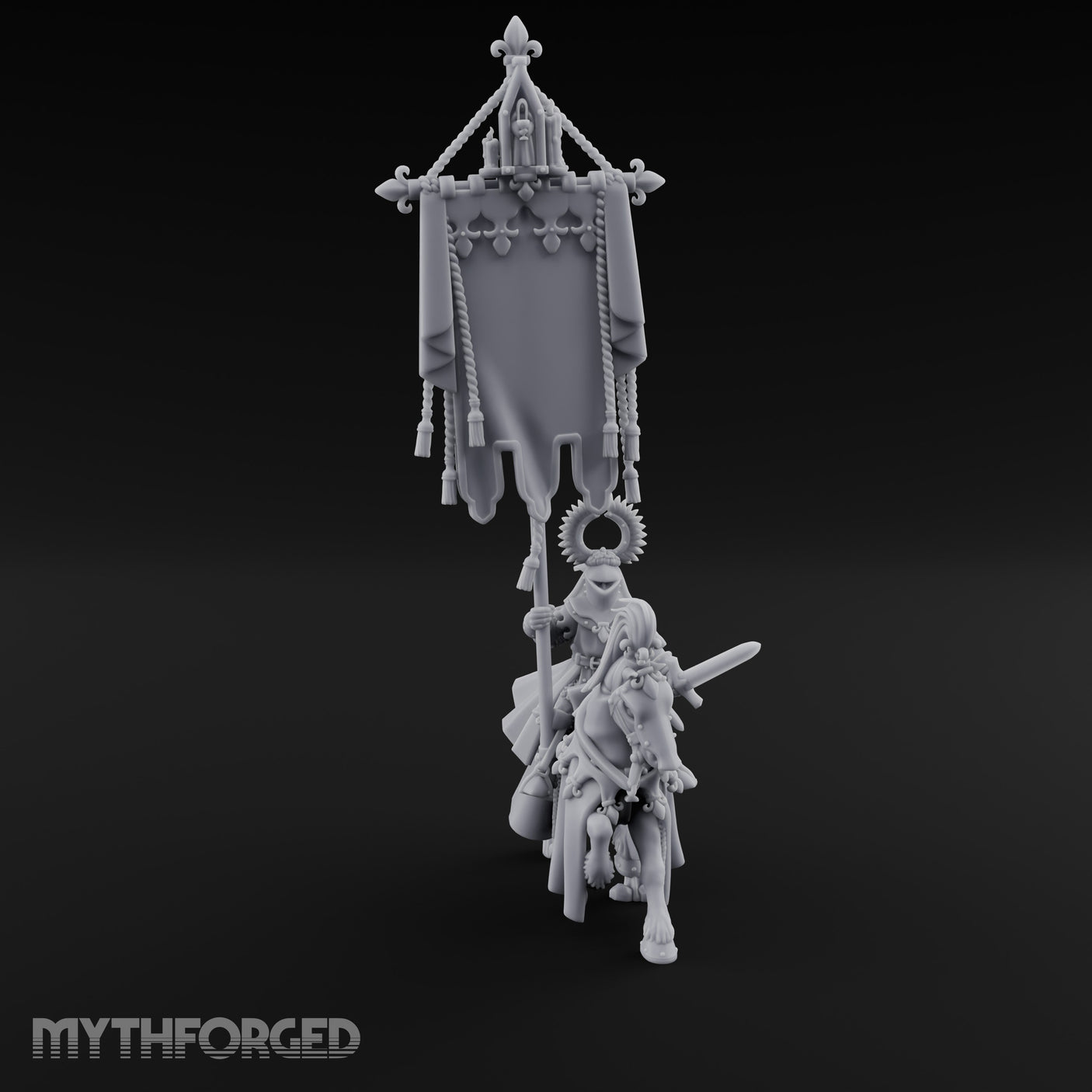 Fleur-de-Lis Tasselled Banner Aloft Human Standard Bearer on Horseback Miniature for Dungeons and Dragons, Pathfinder or other TTRPGs