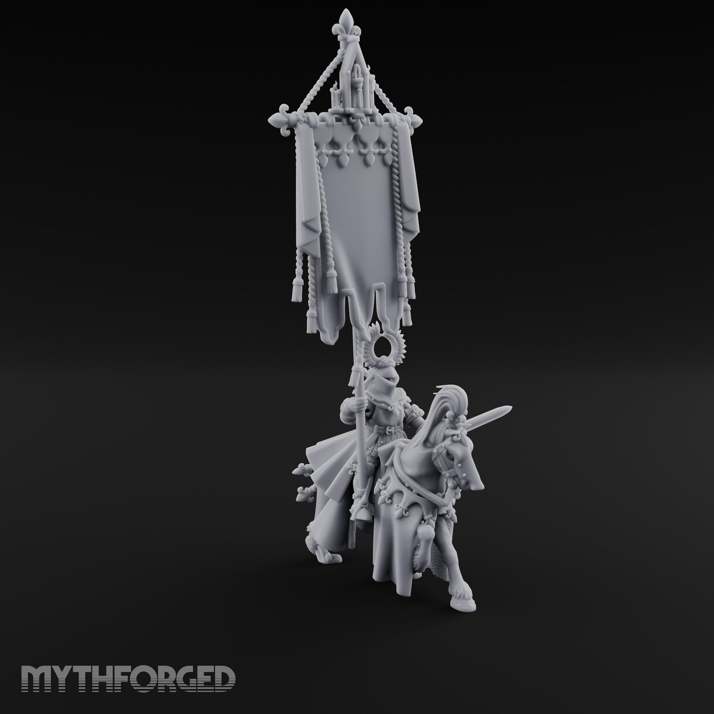 Fleur-de-Lis Tasselled Banner Aloft Human Standard Bearer on Horseback Miniature for Dungeons and Dragons, Pathfinder or other TTRPGs