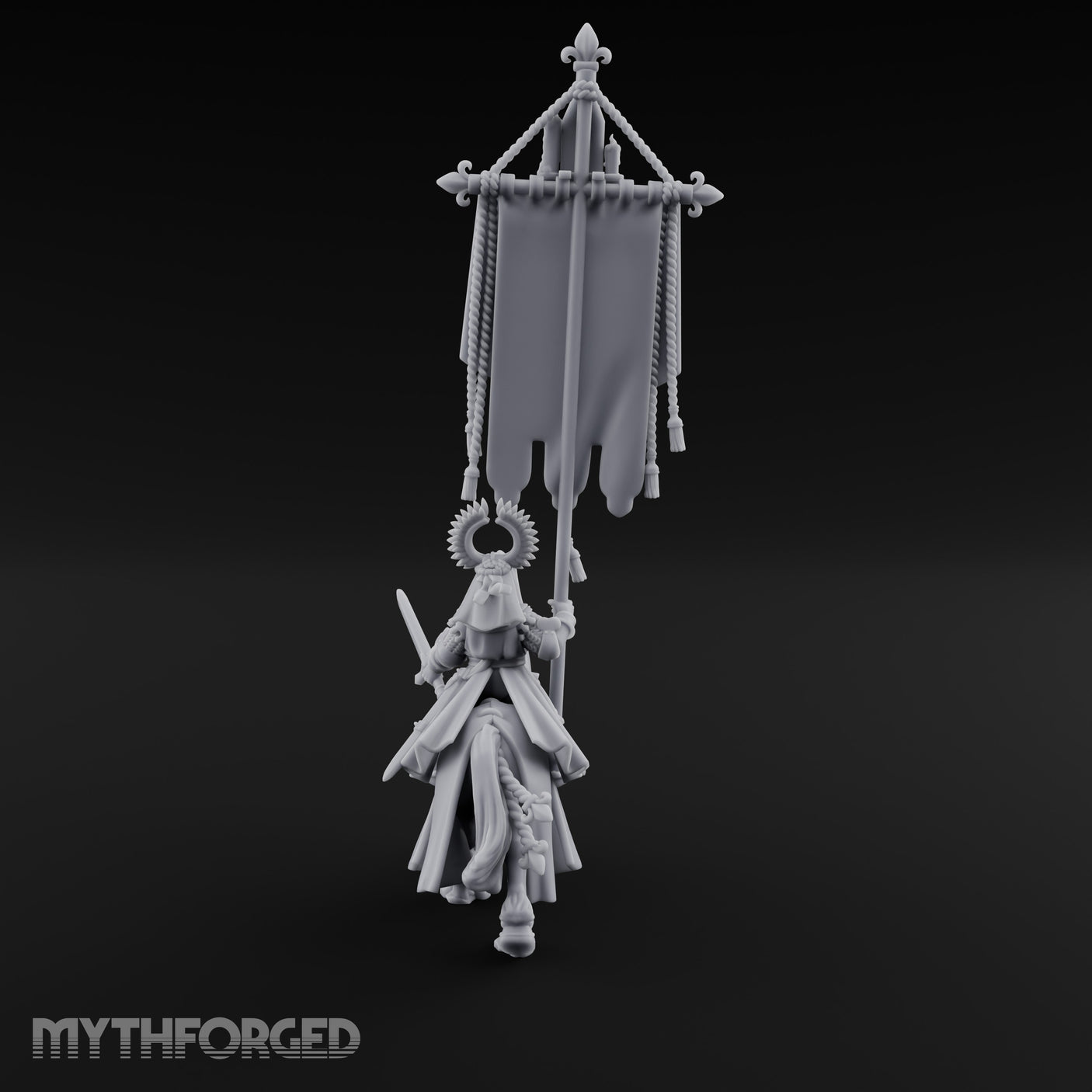 Fleur-de-Lis Tasselled Banner Aloft Human Standard Bearer on Horseback Miniature for Dungeons and Dragons, Pathfinder or other TTRPGs