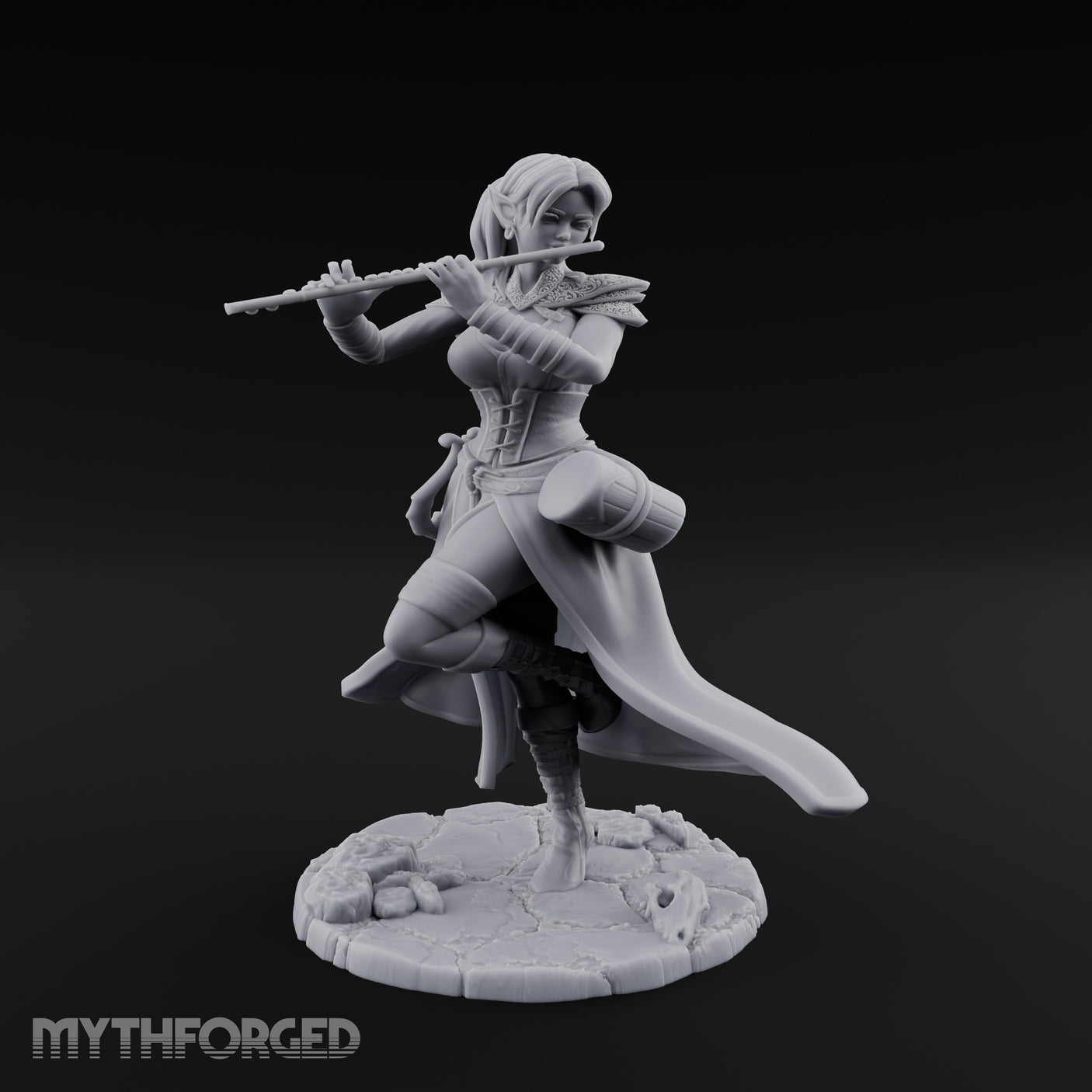 Flute Playing Knee Raised Elf Bard Miniature for Dungeons and Dragons, Pathfinder or other TTRPGs