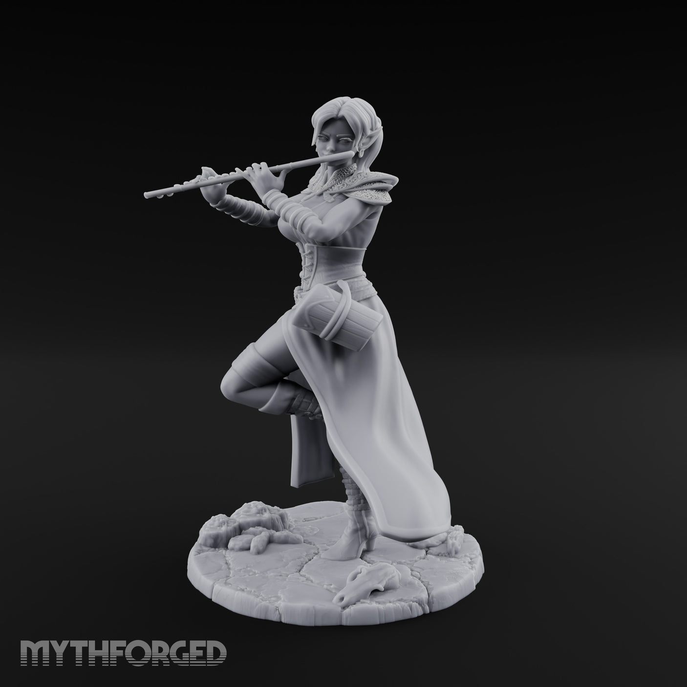 Flute Playing Knee Raised Elf Bard Miniature for Dungeons and Dragons, Pathfinder or other TTRPGs