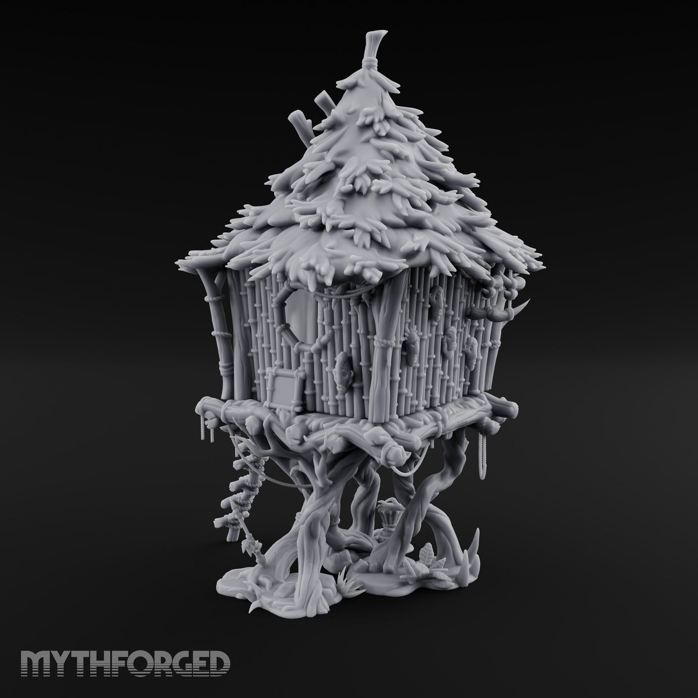Frond-Thatched Idol-Carved Tribal Treehouse Hut Miniature for Dungeons and Dragons, Pathfinder or other TTRPGs