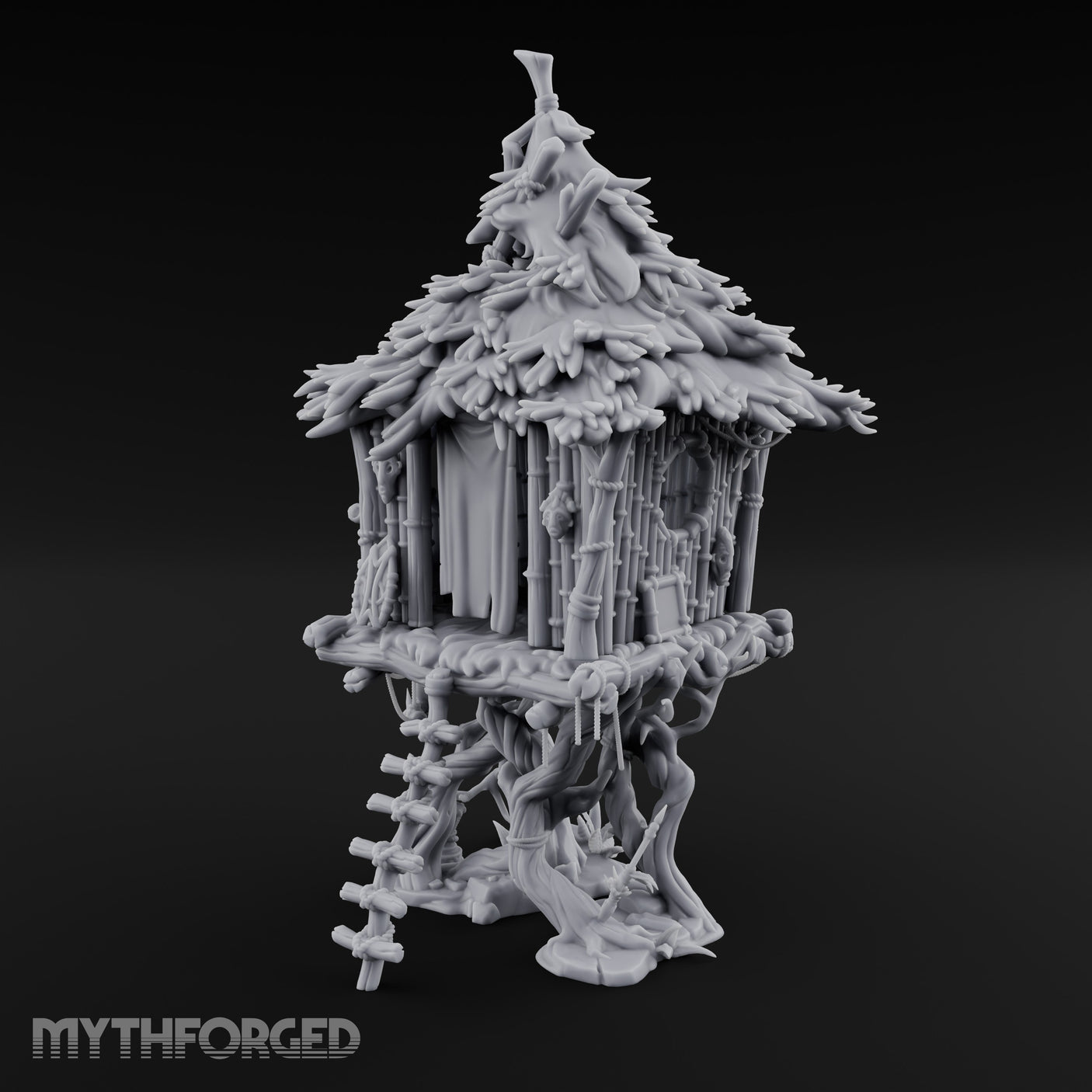 Frond-Thatched Idol-Carved Tribal Treehouse Hut Miniature for Dungeons and Dragons, Pathfinder or other TTRPGs