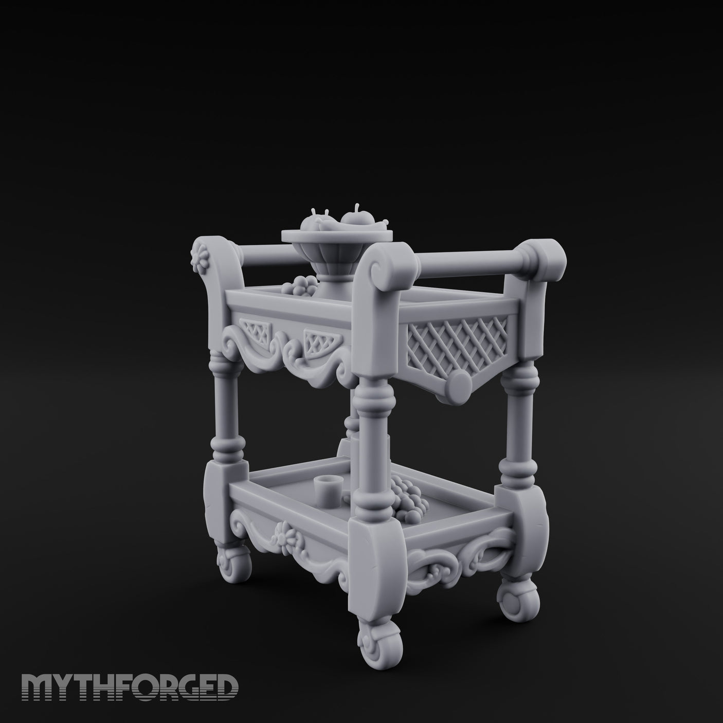 Fruit-Laden Scroll-Handled Noble Service Cart Miniature for Dungeons and Dragons, Pathfinder or other TTRPGs