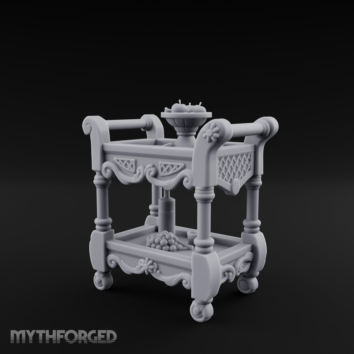Fruit-Laden Scroll-Handled Noble Service Cart Miniature for Dungeons and Dragons, Pathfinder or other TTRPGs