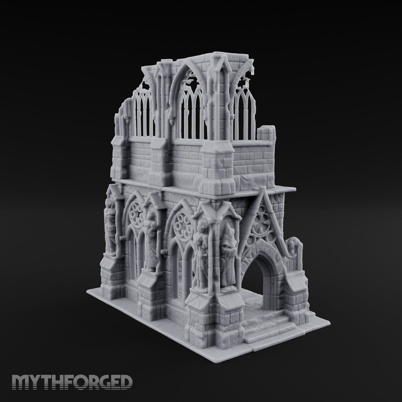 Gargoyle-Flanked Tracery-Windowed Gothic Cathedral Ruins Miniature for Dungeons and Dragons, Pathfinder or other TTRPGs