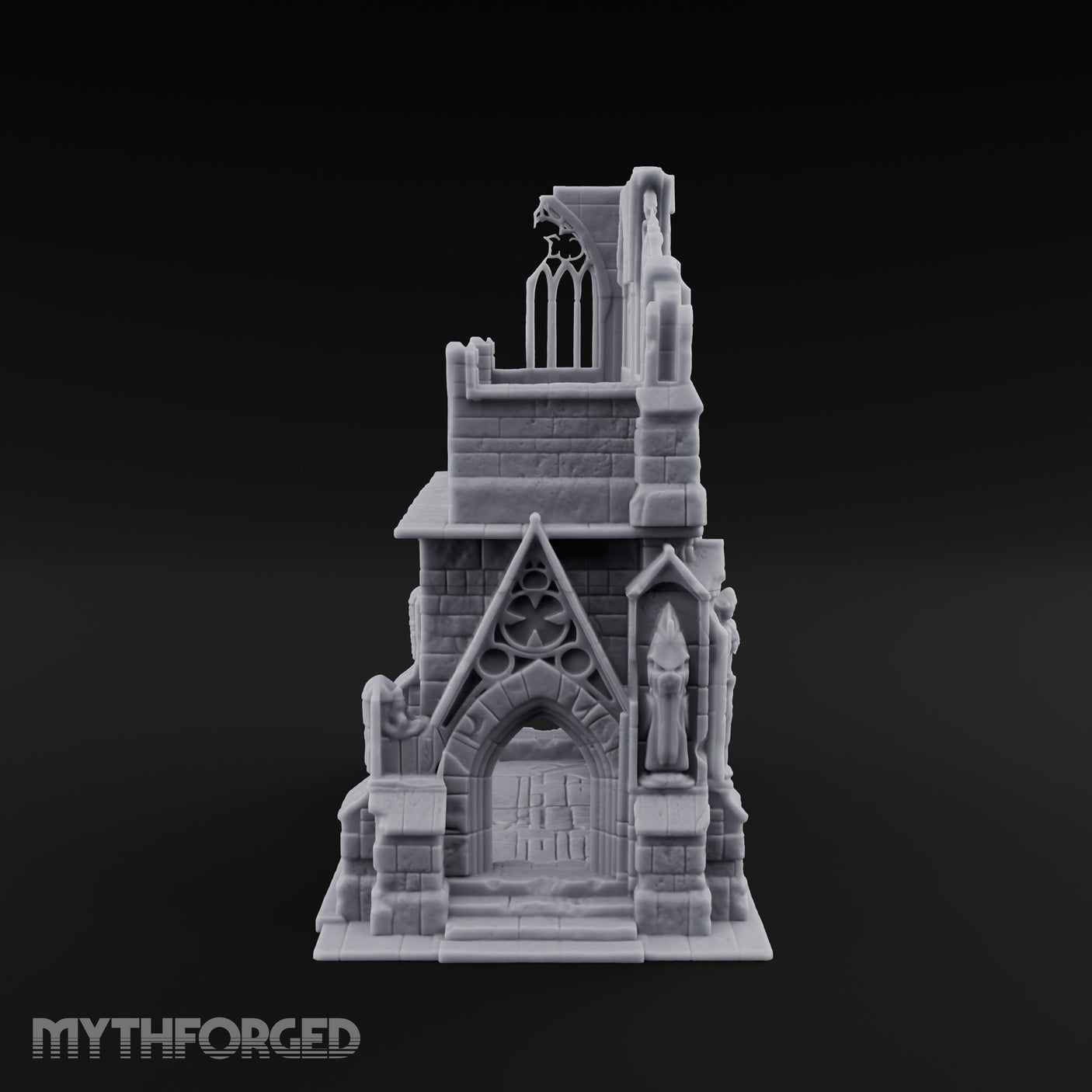 Gargoyle-Flanked Tracery-Windowed Gothic Cathedral Ruins Miniature for Dungeons and Dragons, Pathfinder or other TTRPGs