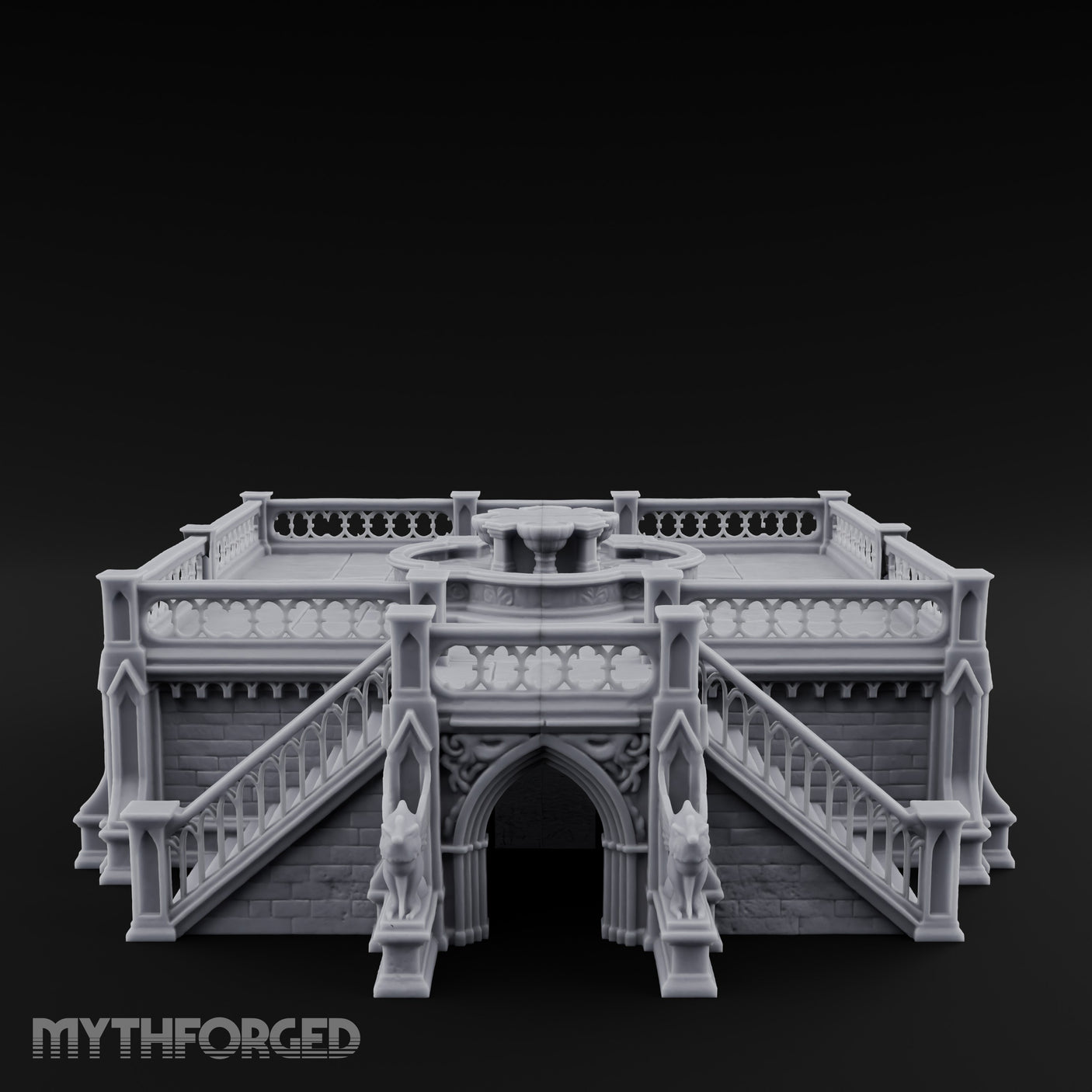Gargoyle-Guarded Balustrade-Wrapped Gothic Fountain Plaza Miniature for Dungeons and Dragons, Pathfinder or other TTRPGs