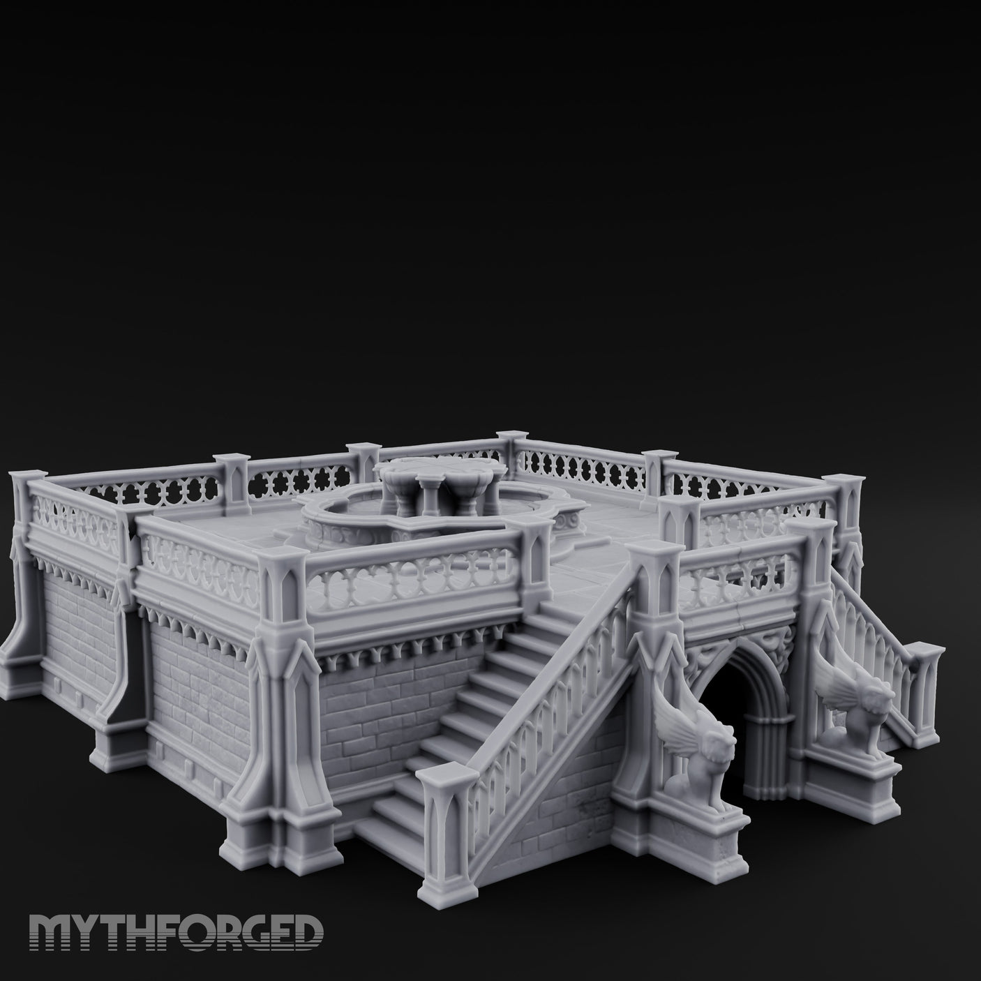 Gargoyle-Guarded Balustrade-Wrapped Gothic Fountain Plaza Miniature for Dungeons and Dragons, Pathfinder or other TTRPGs