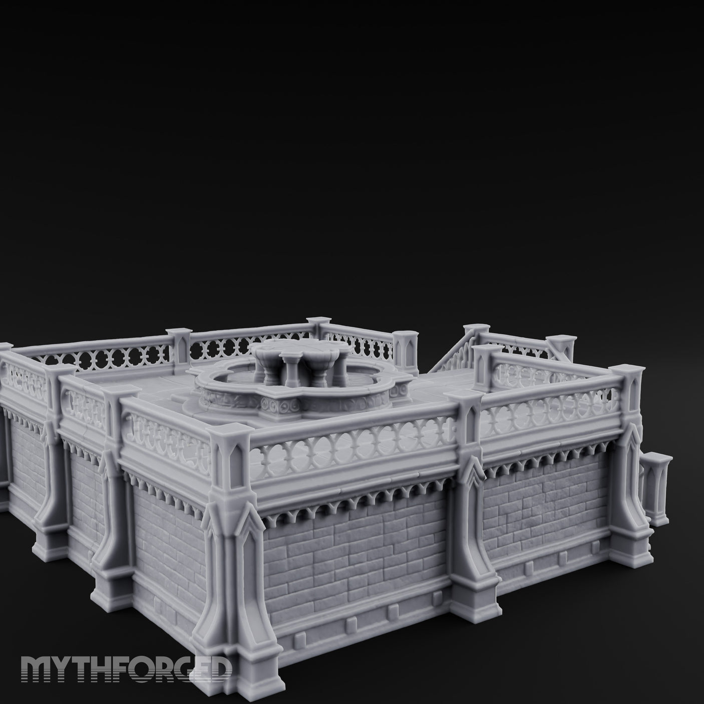 Gargoyle-Guarded Balustrade-Wrapped Gothic Fountain Plaza Miniature for Dungeons and Dragons, Pathfinder or other TTRPGs