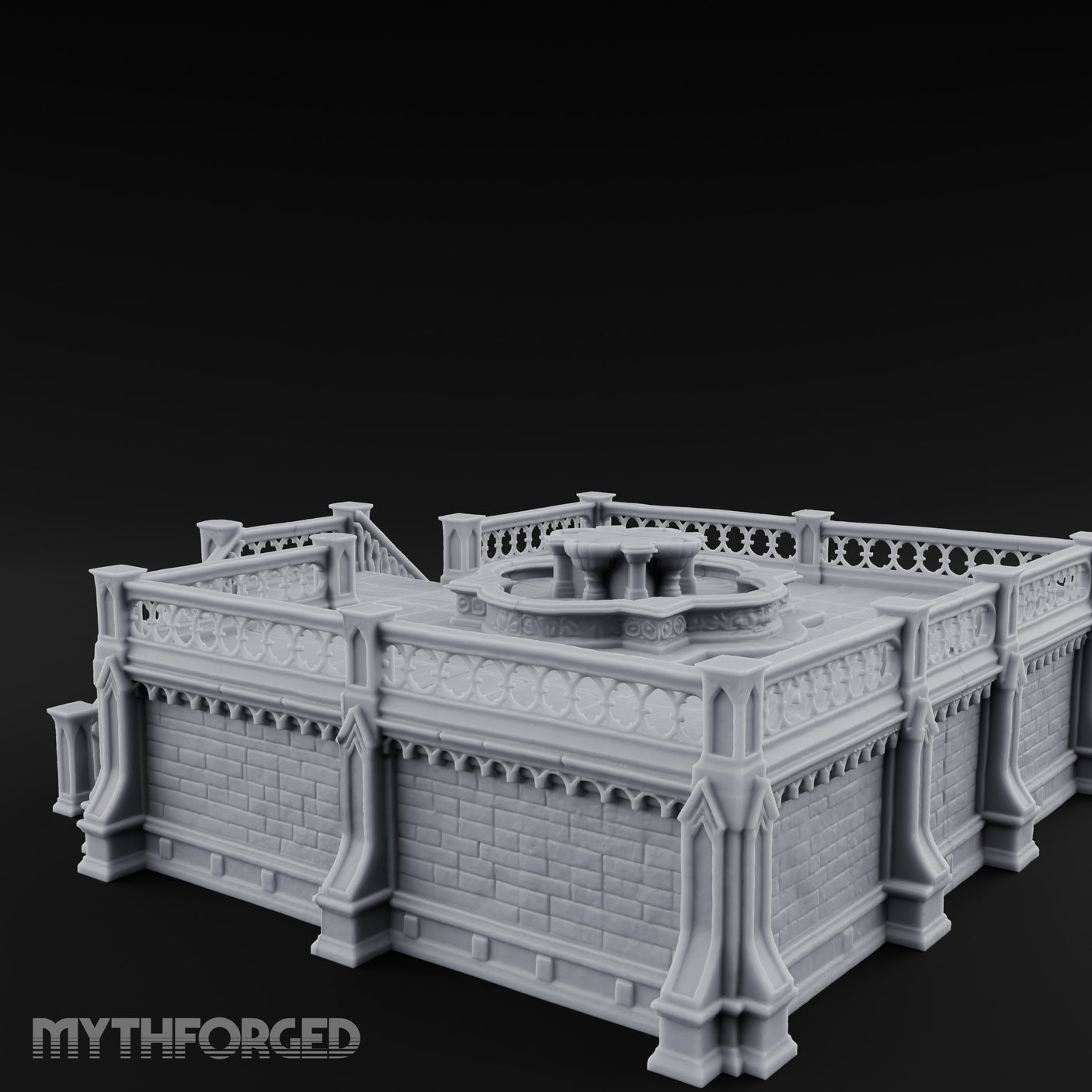 Gargoyle-Guarded Balustrade-Wrapped Gothic Fountain Plaza Miniature for Dungeons and Dragons, Pathfinder or other TTRPGs