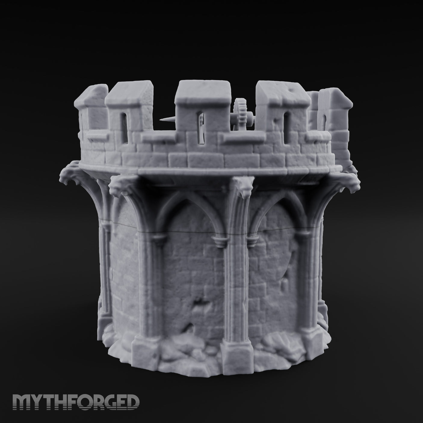 Gargoyle-Perched Battlement-Crowned Gothic Round Tower Ruins Miniature for Dungeons and Dragons, Pathfinder or other TTRPGs