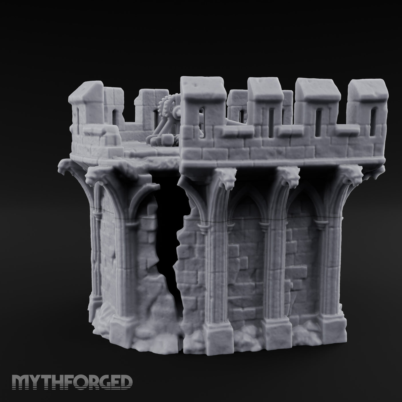 Gargoyle-Perched Battlement-Crowned Gothic Round Tower Ruins Miniature for Dungeons and Dragons, Pathfinder or other TTRPGs