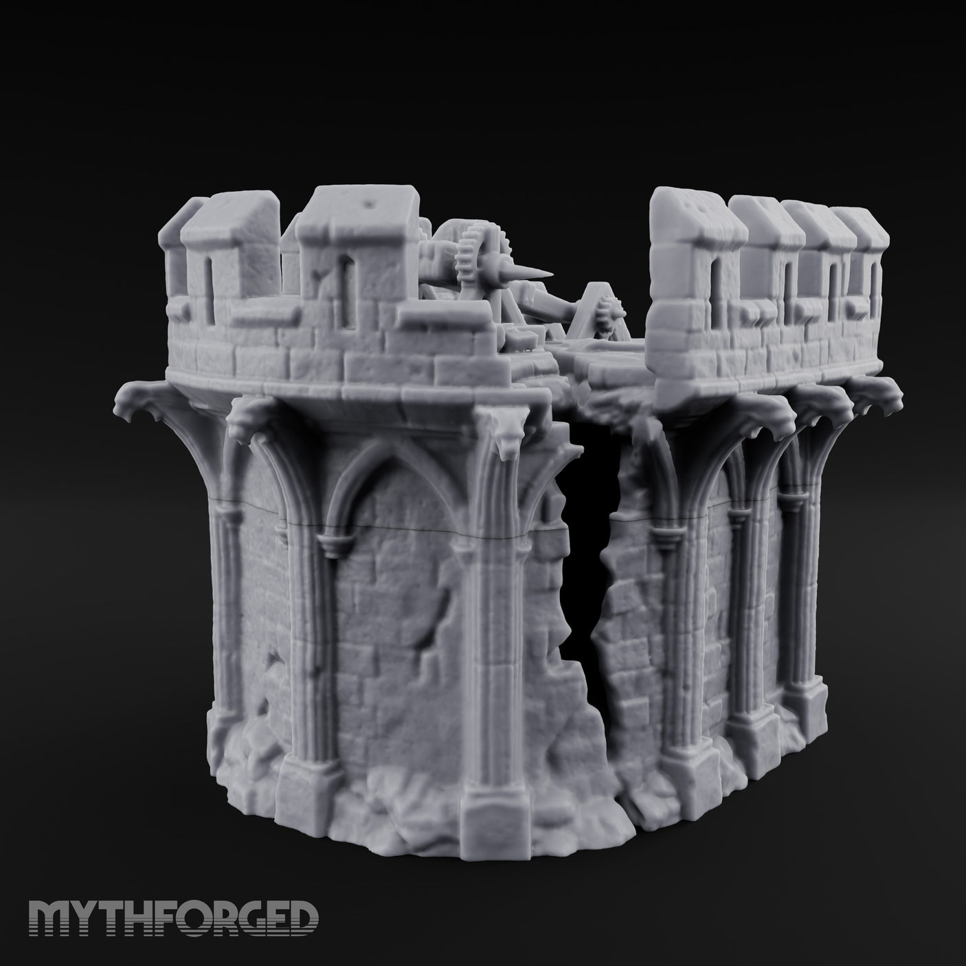 Gargoyle-Perched Battlement-Crowned Gothic Round Tower Ruins Miniature for Dungeons and Dragons, Pathfinder or other TTRPGs