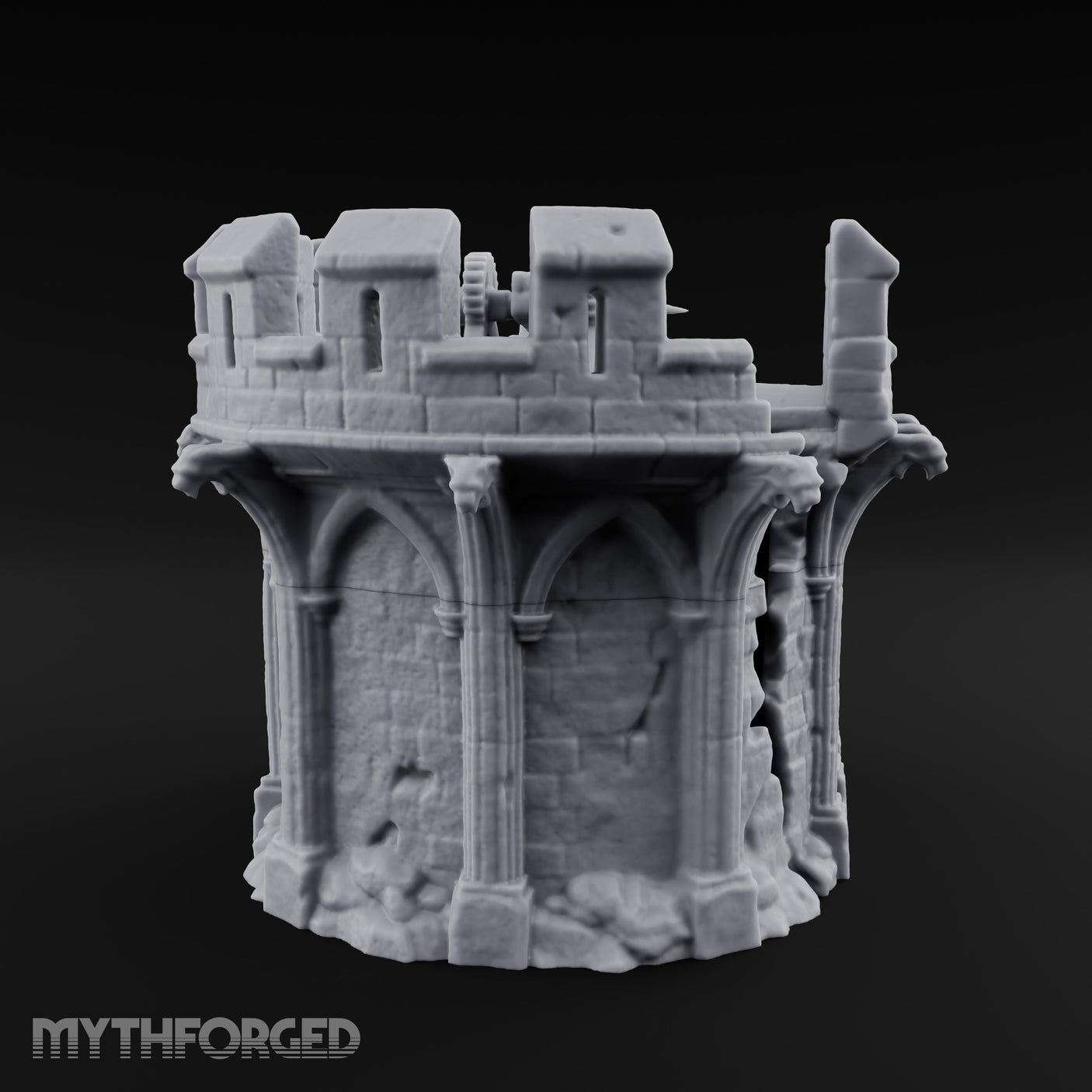 Gargoyle-Perched Battlement-Crowned Gothic Round Tower Ruins Miniature for Dungeons and Dragons, Pathfinder or other TTRPGs