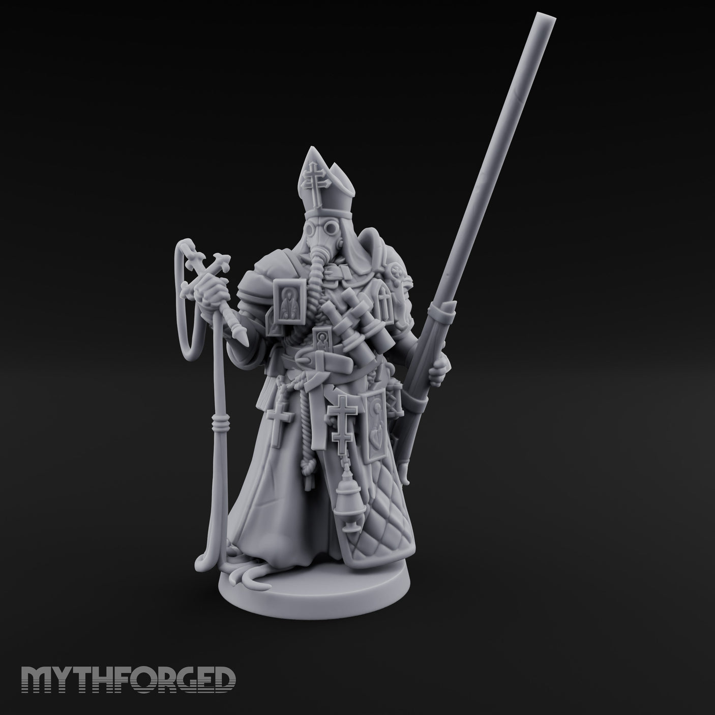 Gas Masked Punt Gun Toting Human Priest Miniature for Dungeons and Dragons, Pathfinder or other TTRPGs