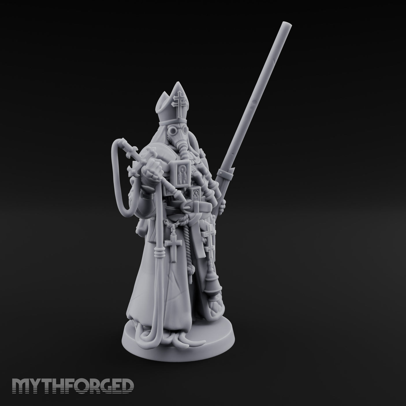 Gas Masked Punt Gun Toting Human Priest Miniature for Dungeons and Dragons, Pathfinder or other TTRPGs