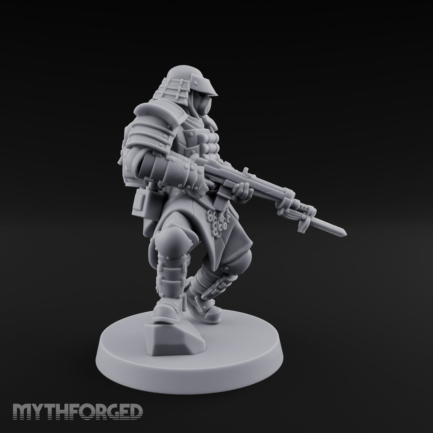 Gas Masked Rifle Advancing Human Shogunate Engineer Miniature for Dungeons and Dragons, Pathfinder or other TTRPGs