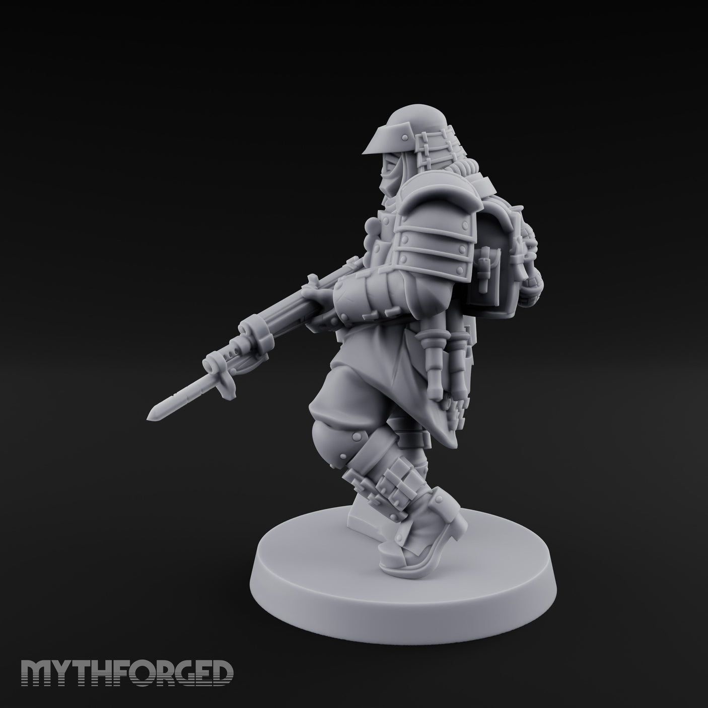Gas Masked Rifle Advancing Human Shogunate Engineer Miniature for Dungeons and Dragons, Pathfinder or other TTRPGs