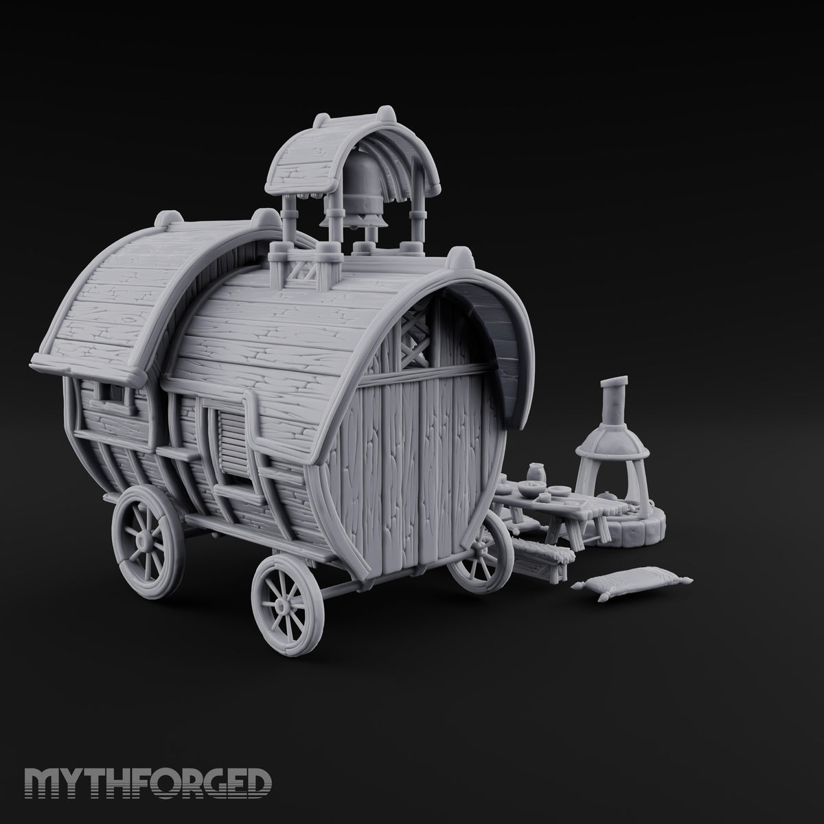 Bell Rings, Kettle Sings Wooden Caravan Wagon with Camp
