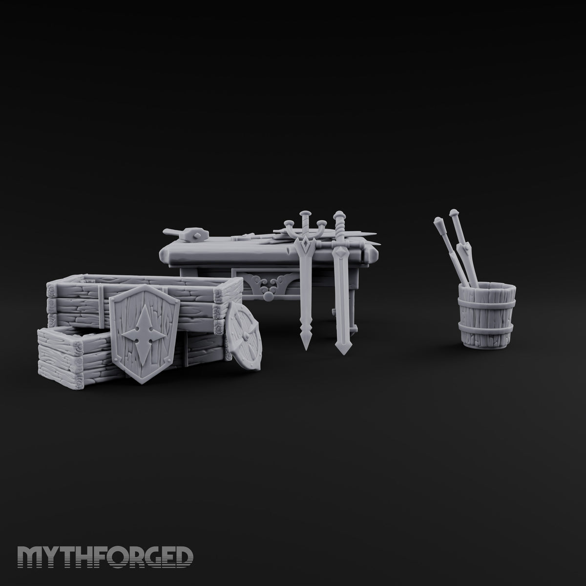Swords Rest, Buckets Remember Wooden Weapons Table Set