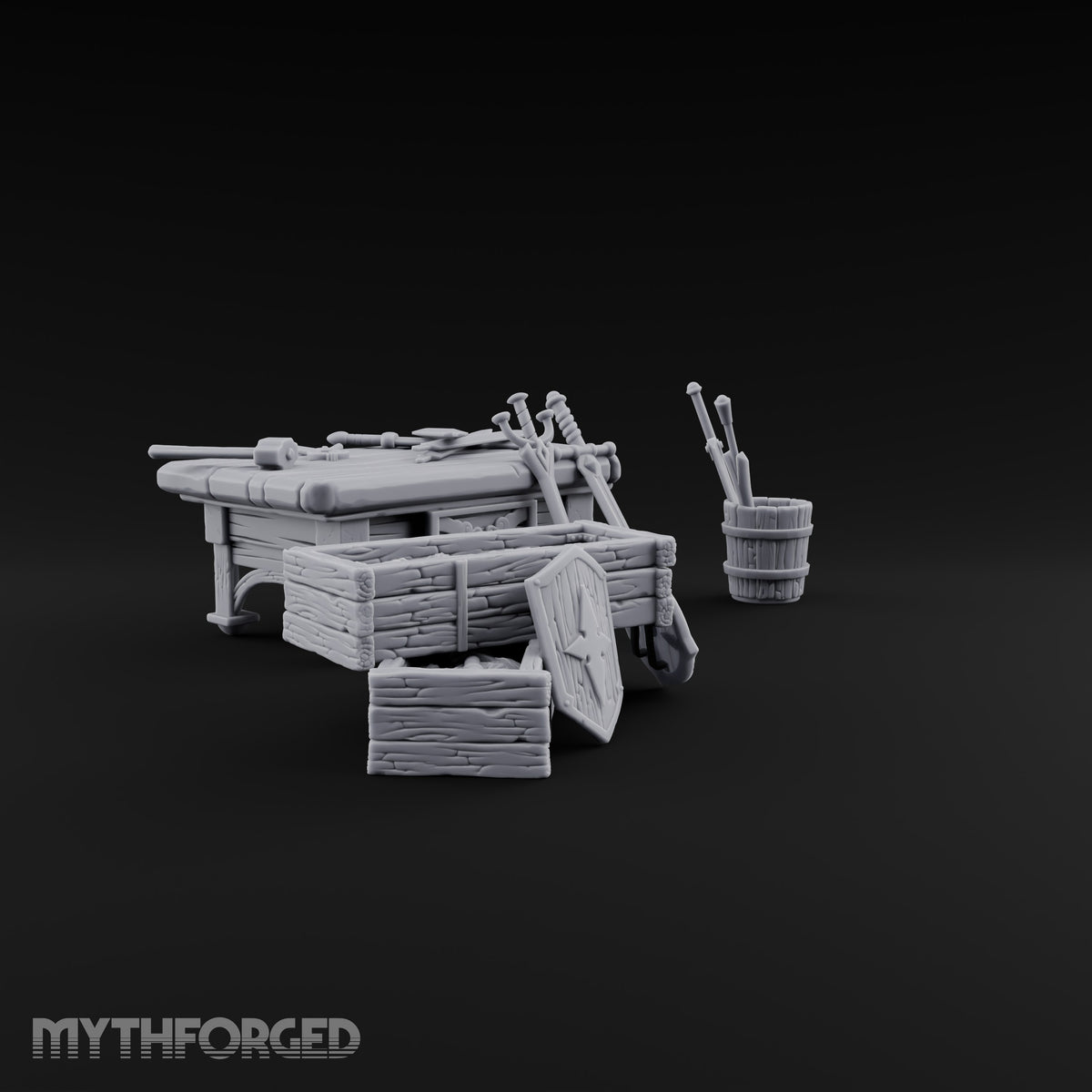 Swords Rest, Buckets Remember Wooden Weapons Table Set