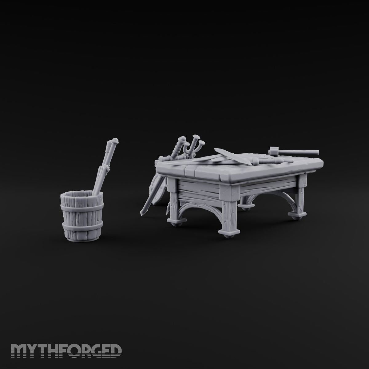 Swords Rest, Buckets Remember Wooden Weapons Table Set