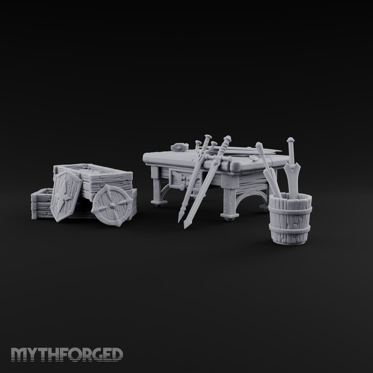 Swords Rest, Buckets Remember Wooden Weapons Table Set