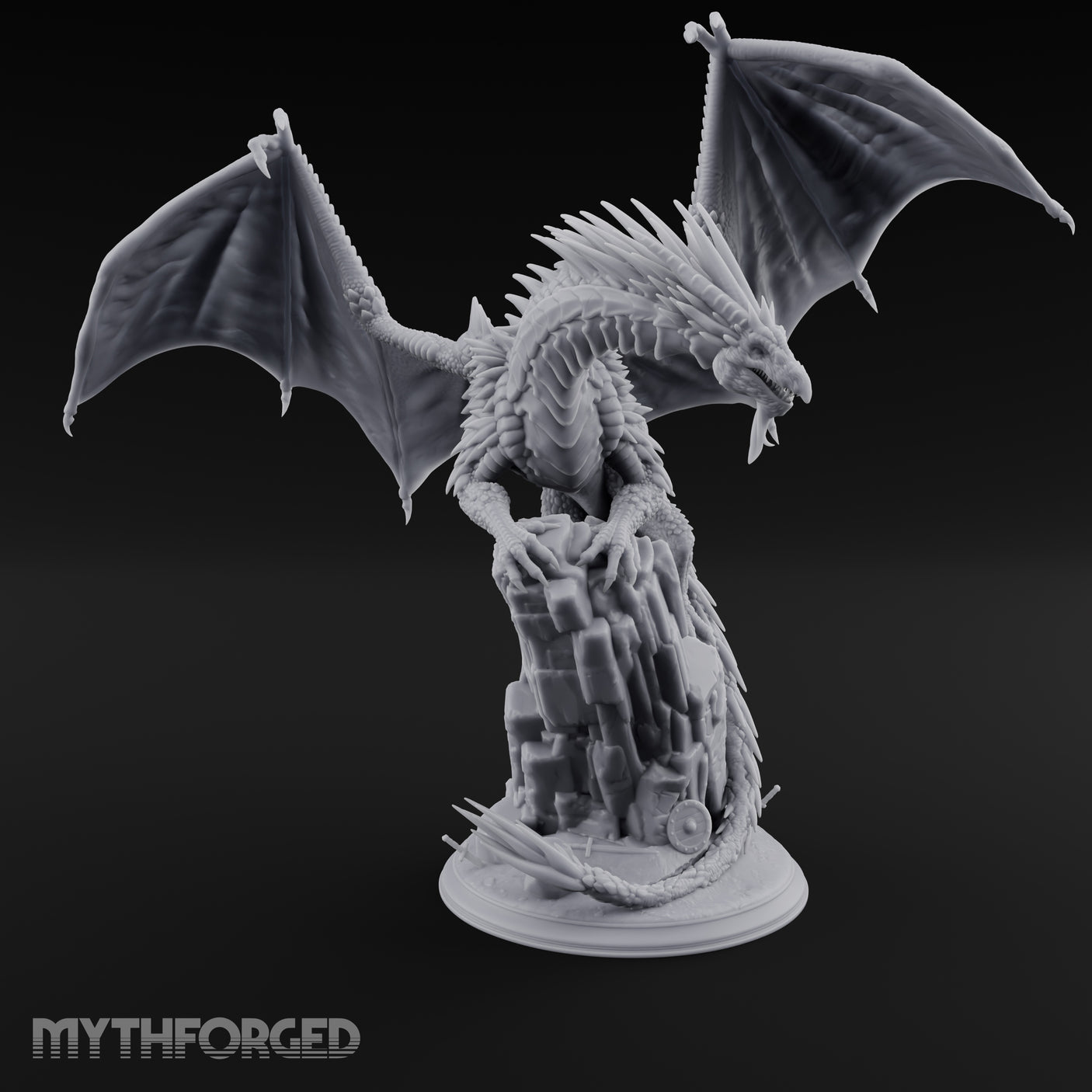 Perched Atop Ruins Silver Dragon Miniature for Dungeons and Dragons, Pathfinder or other TTRPGs