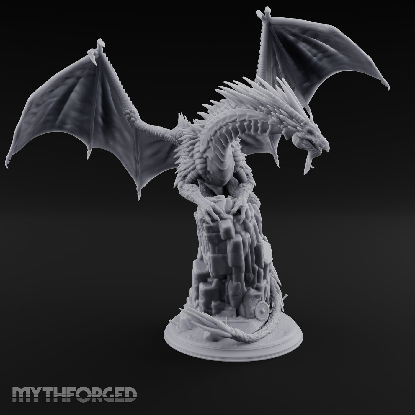 Perched Atop Ruins Silver Dragon Miniature for Dungeons and Dragons, Pathfinder or other TTRPGs