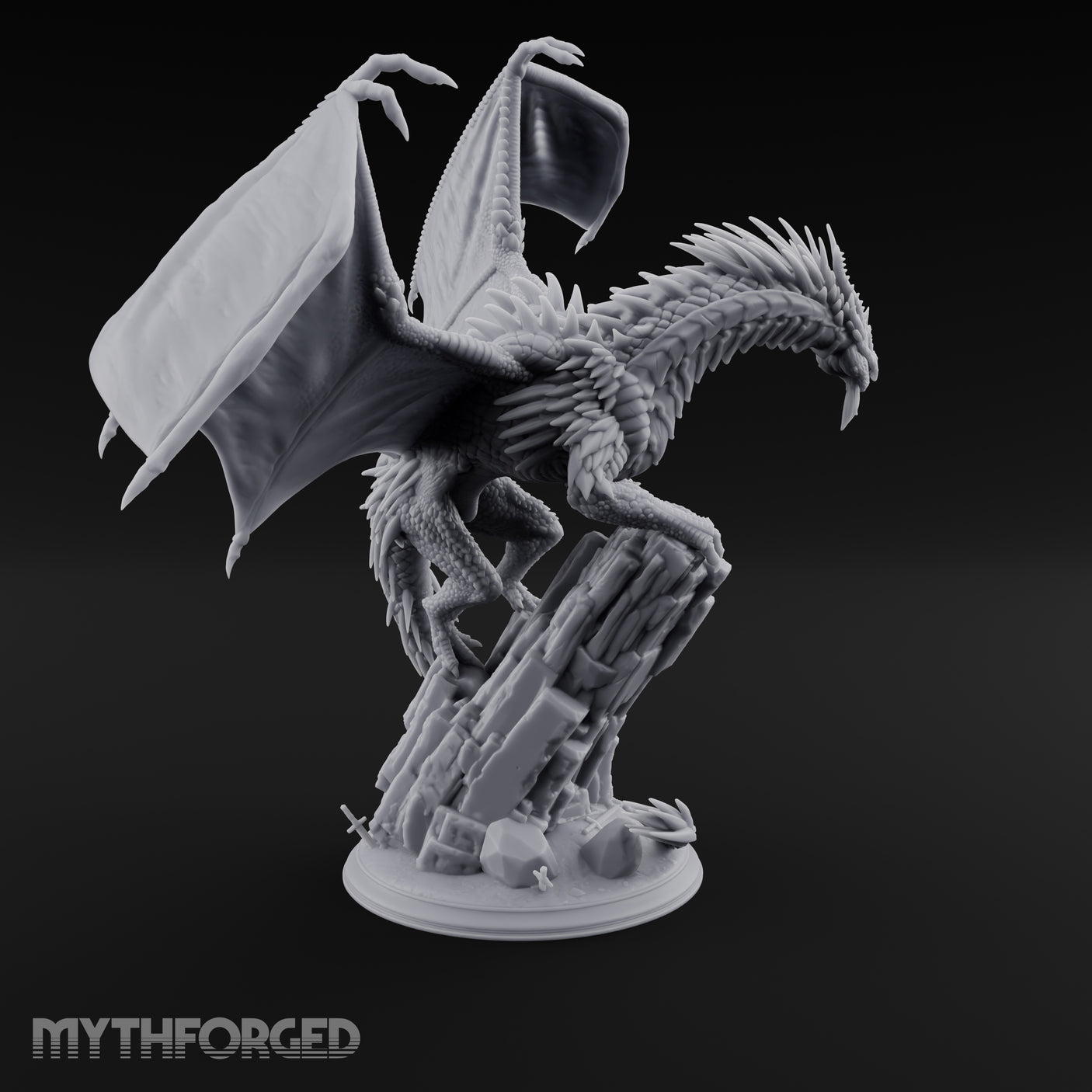 Perched Atop Ruins Silver Dragon Miniature for Dungeons and Dragons, Pathfinder or other TTRPGs