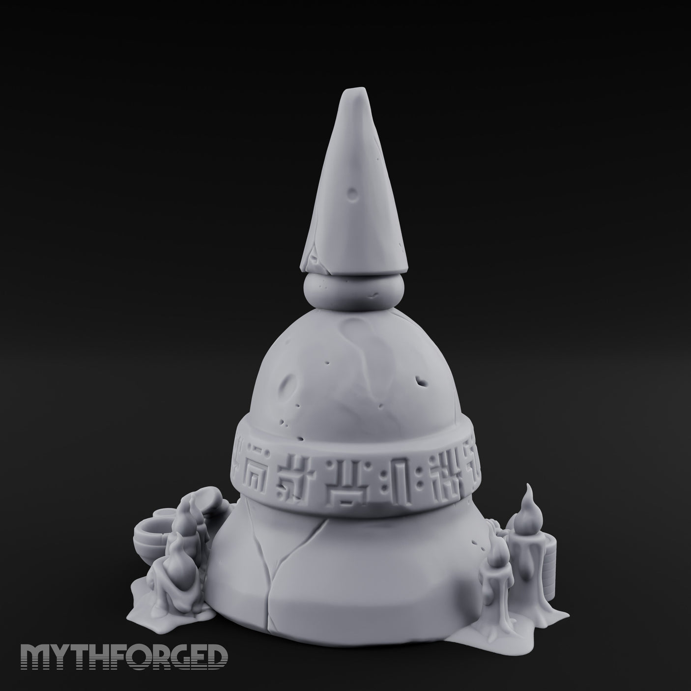 Glyph-Banded Candle-Flanked Sacred Bell Stupa Shrine Miniature for Dungeons and Dragons, Pathfinder or other TTRPGs