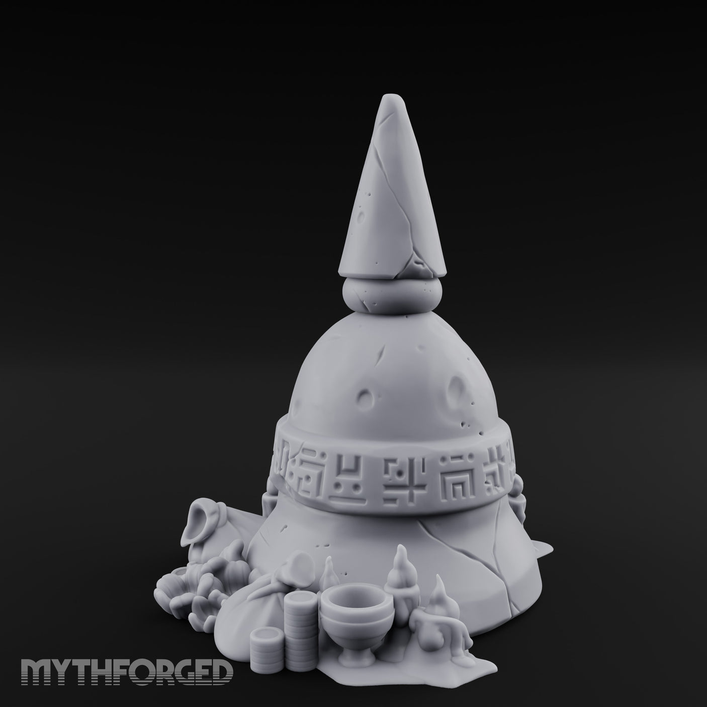 Glyph-Banded Candle-Flanked Sacred Bell Stupa Shrine Miniature for Dungeons and Dragons, Pathfinder or other TTRPGs