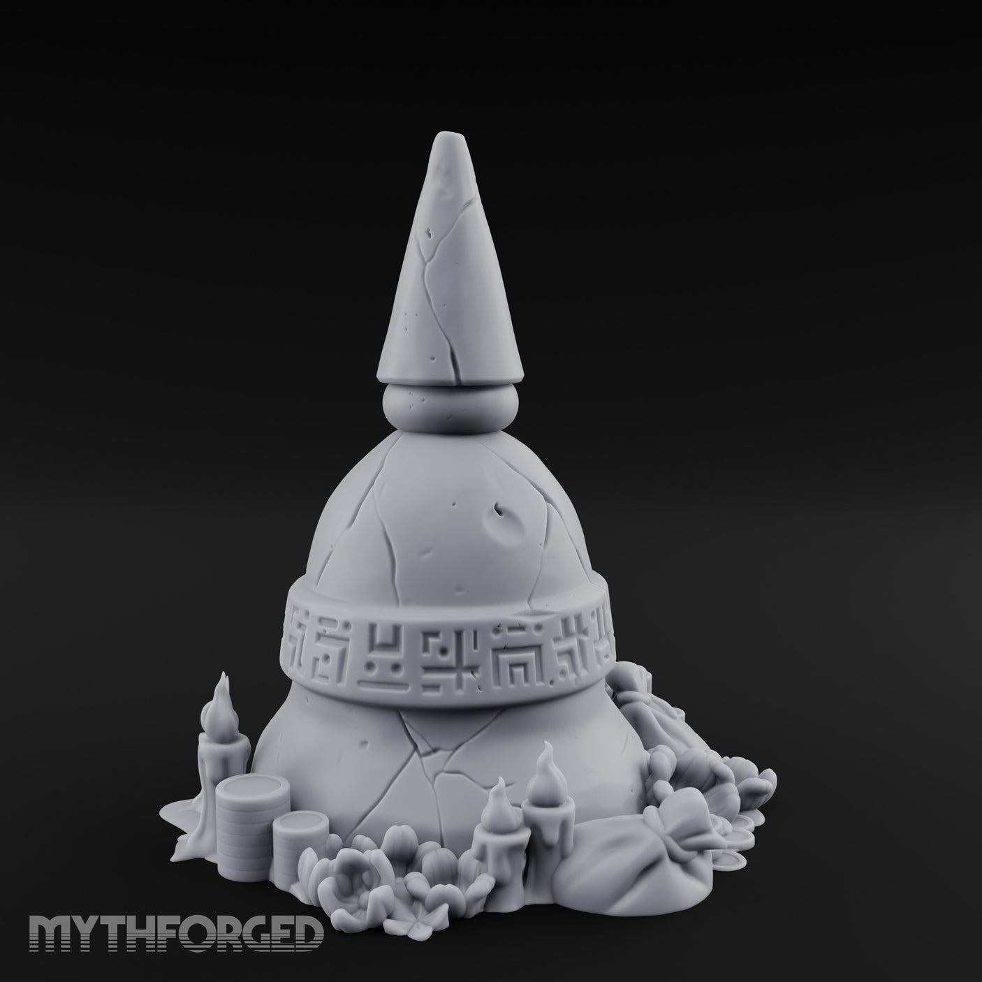 Glyph-Banded Candle-Flanked Sacred Bell Stupa Shrine Miniature for Dungeons and Dragons, Pathfinder or other TTRPGs