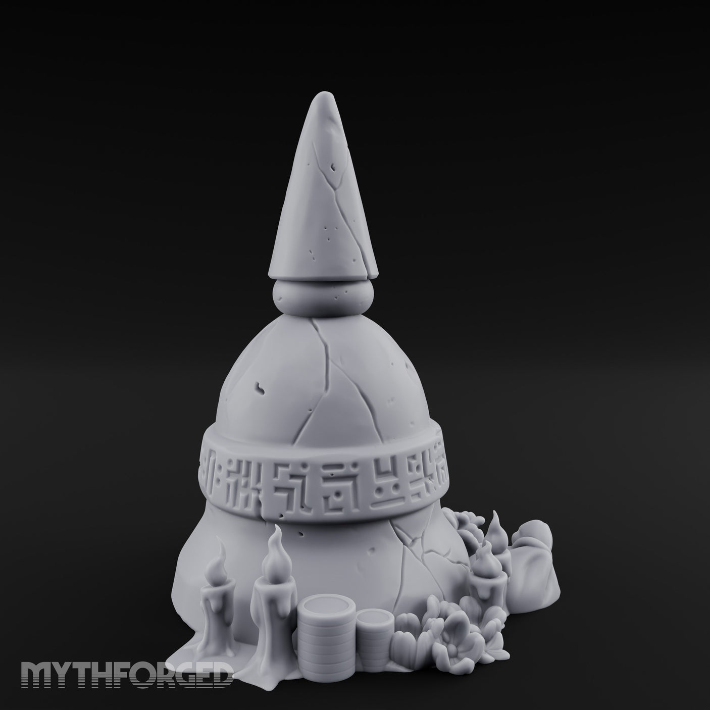 Glyph-Banded Candle-Flanked Sacred Bell Stupa Shrine Miniature for Dungeons and Dragons, Pathfinder or other TTRPGs