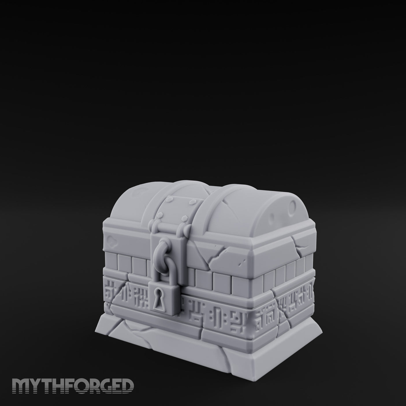 Glyph-Banded Lock-Clasped Stone Treasure Chest