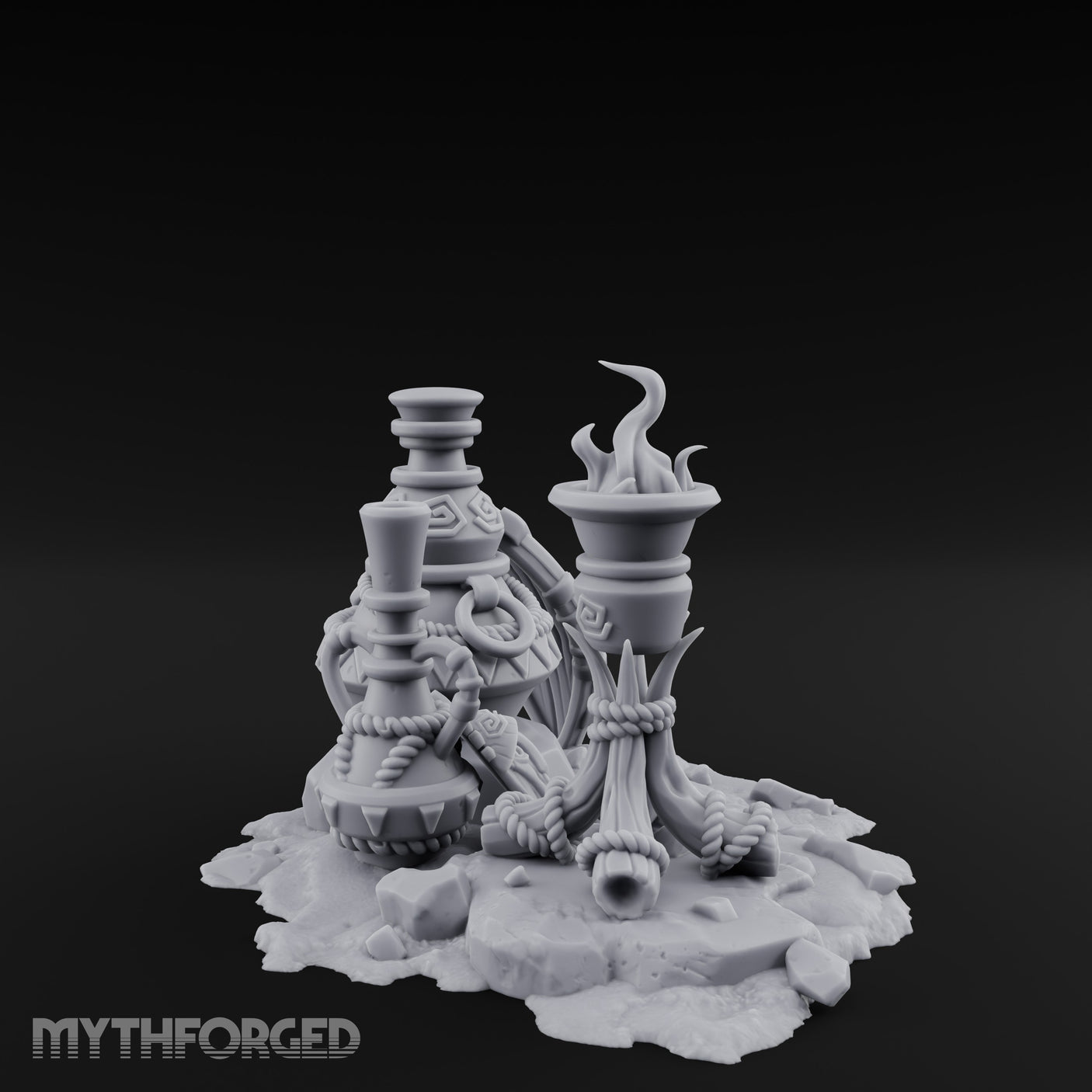 Glyph-Carved Rope-Coiled Tribal Torch and Idol Vessel Scene Miniature for Dungeons and Dragons, Pathfinder or other TTRPGs