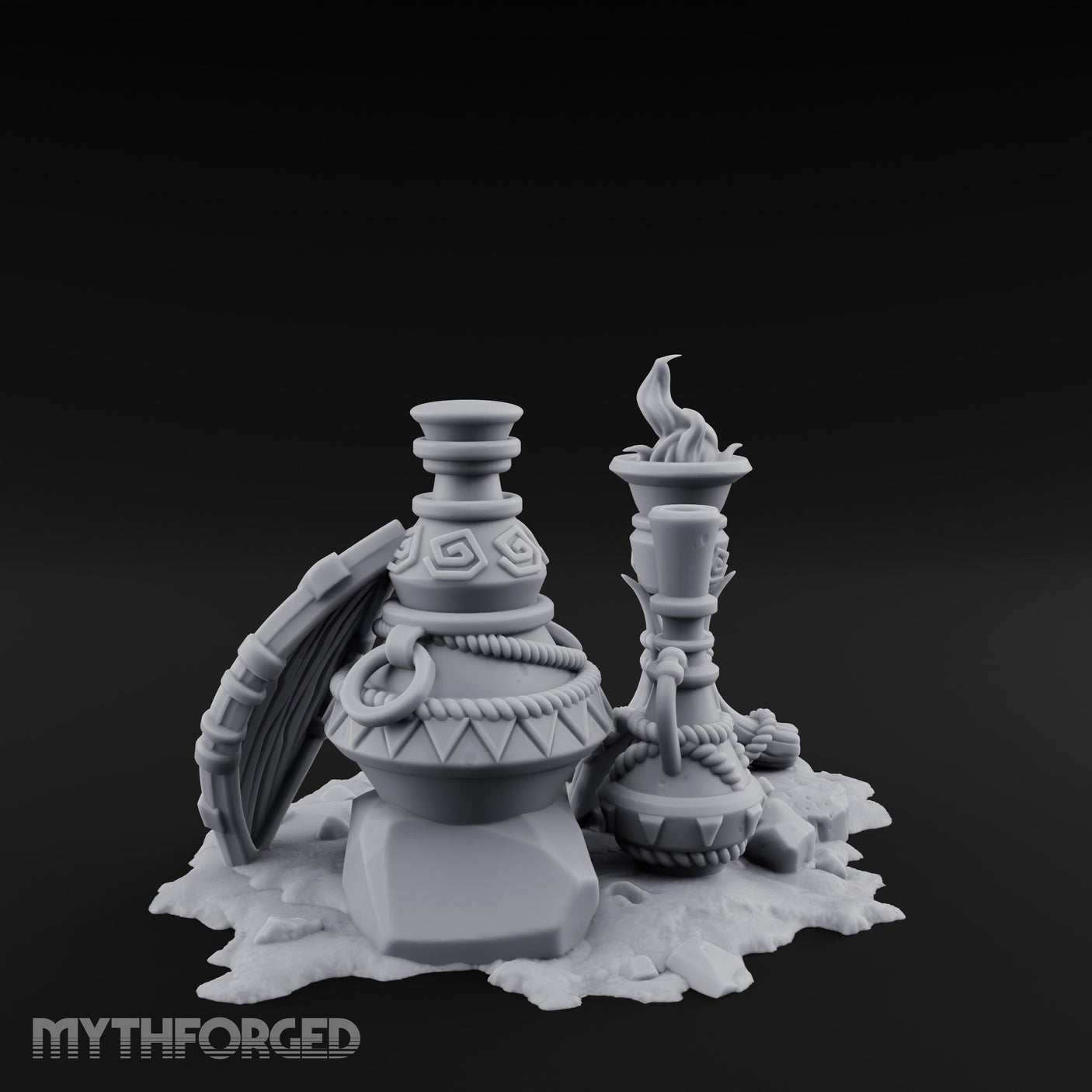Glyph-Carved Rope-Coiled Tribal Torch and Idol Vessel Scene Miniature for Dungeons and Dragons, Pathfinder or other TTRPGs