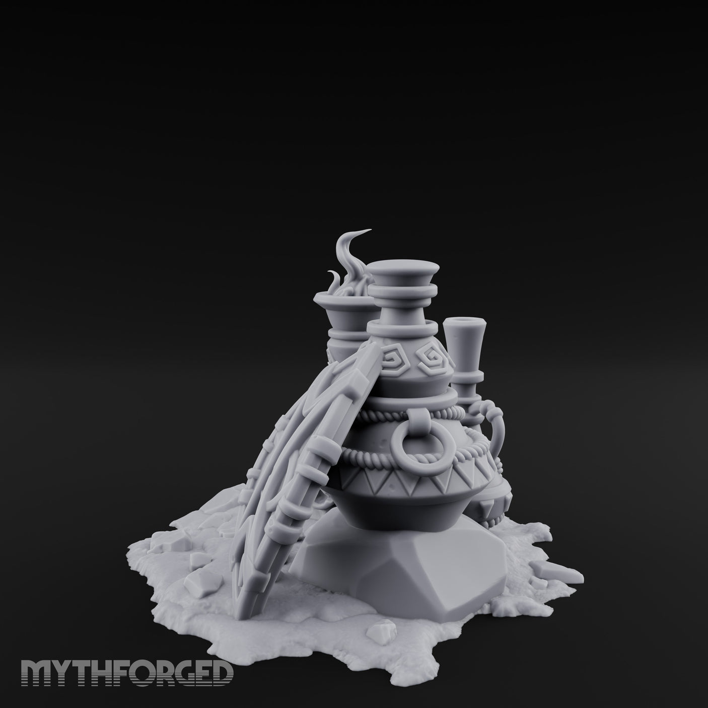 Glyph-Carved Rope-Coiled Tribal Torch and Idol Vessel Scene Miniature for Dungeons and Dragons, Pathfinder or other TTRPGs