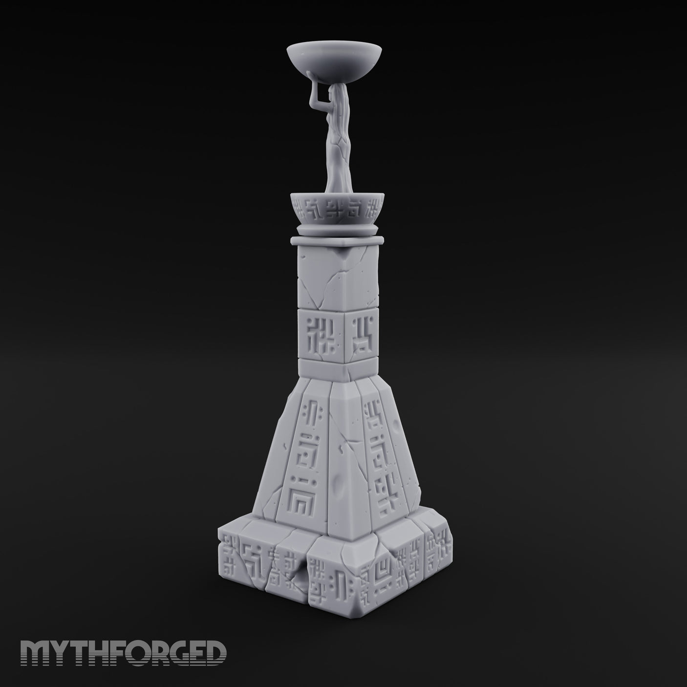 Glyph-Paneled Figure-Crowned Offering Bowl Pedestal Column Miniature for Dungeons and Dragons, Pathfinder or other TTRPGs