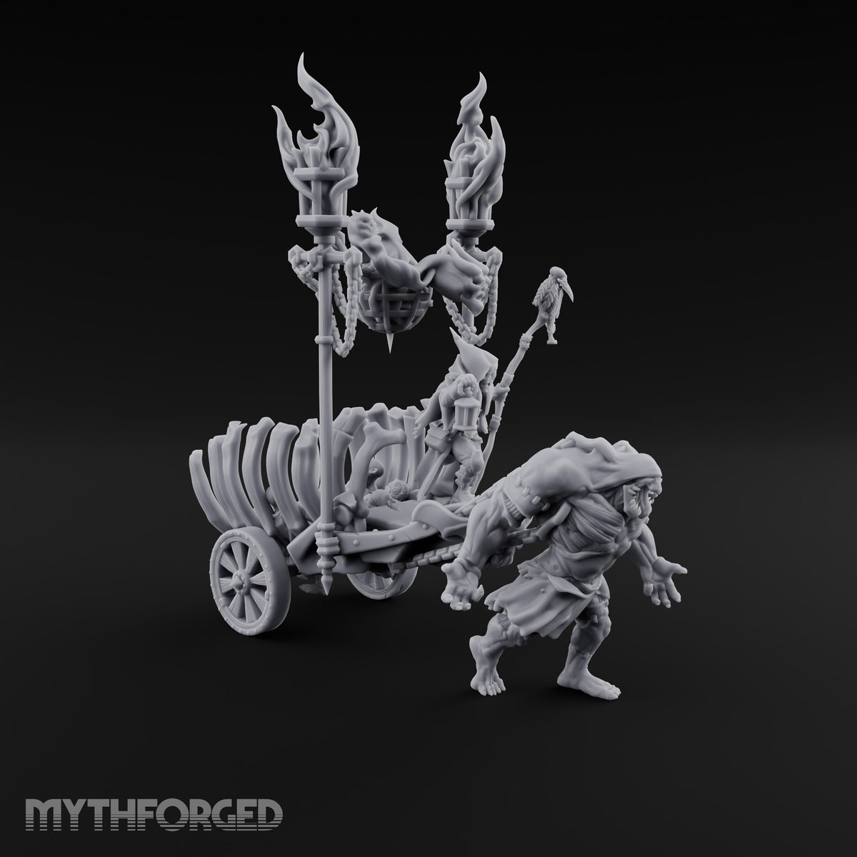Last Fare Out of Town Ogre Pulling Bone-Ribbed Corpse Cart with Lantern Rider