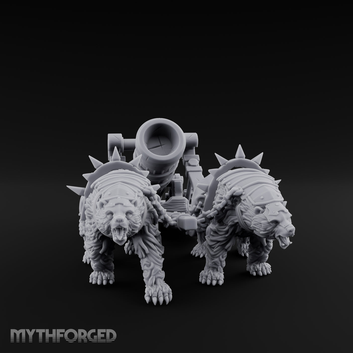 Twin Spiked Mortar-Hauling Armoured Bear Cannon Miniature for Dungeons and Dragons, Pathfinder or other TTRPGs