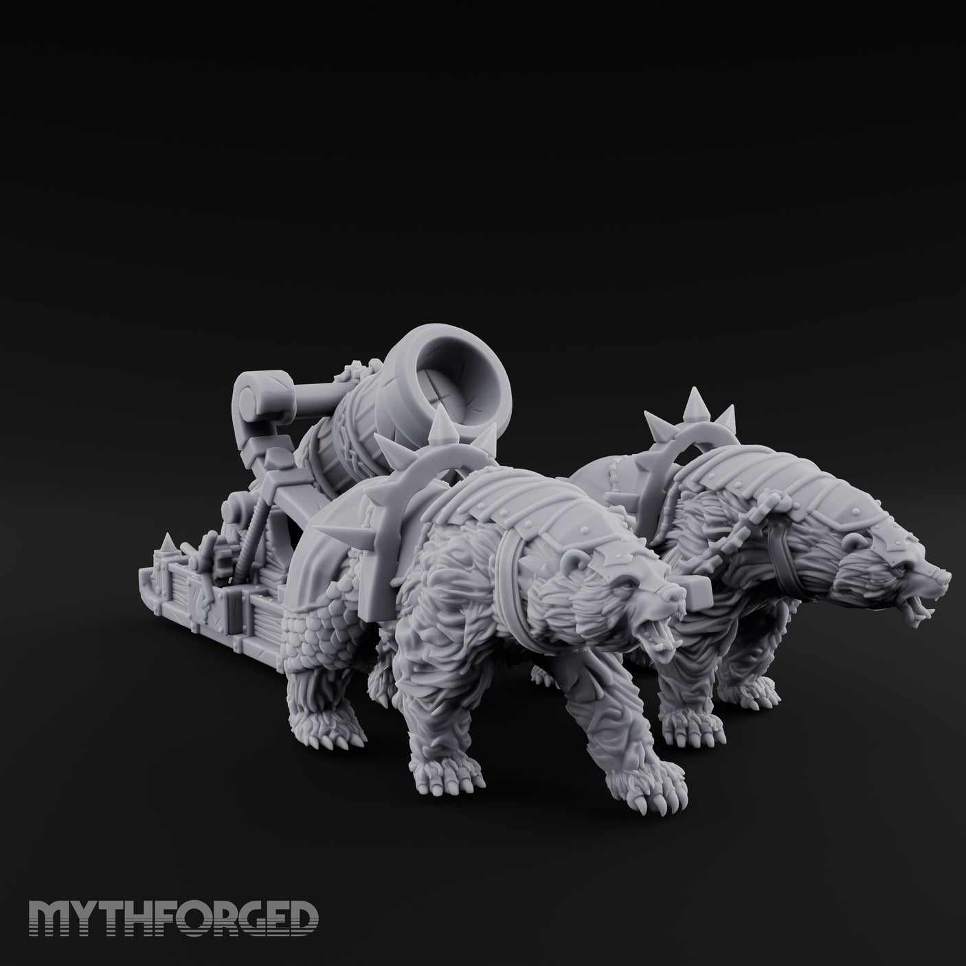 Twin Spiked Mortar-Hauling Armoured Bear Cannon Miniature for Dungeons and Dragons, Pathfinder or other TTRPGs
