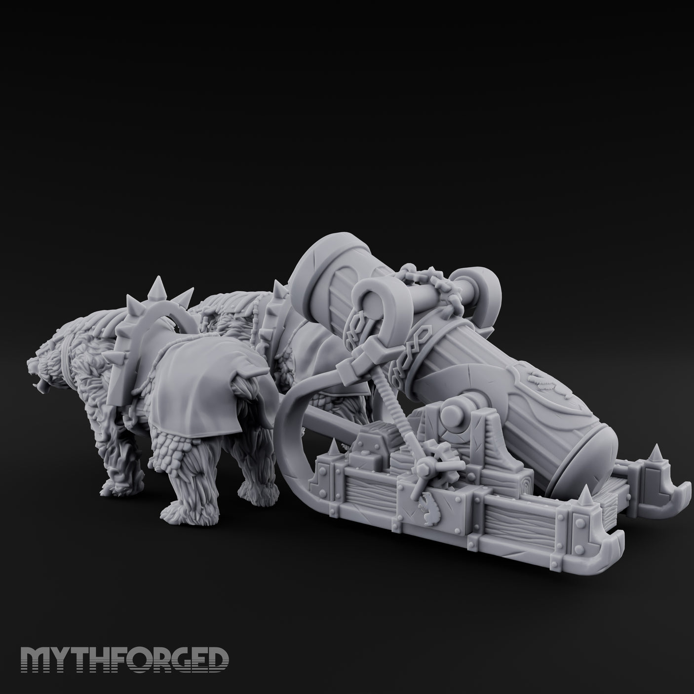 Twin Spiked Mortar-Hauling Armoured Bear Cannon Miniature for Dungeons and Dragons, Pathfinder or other TTRPGs