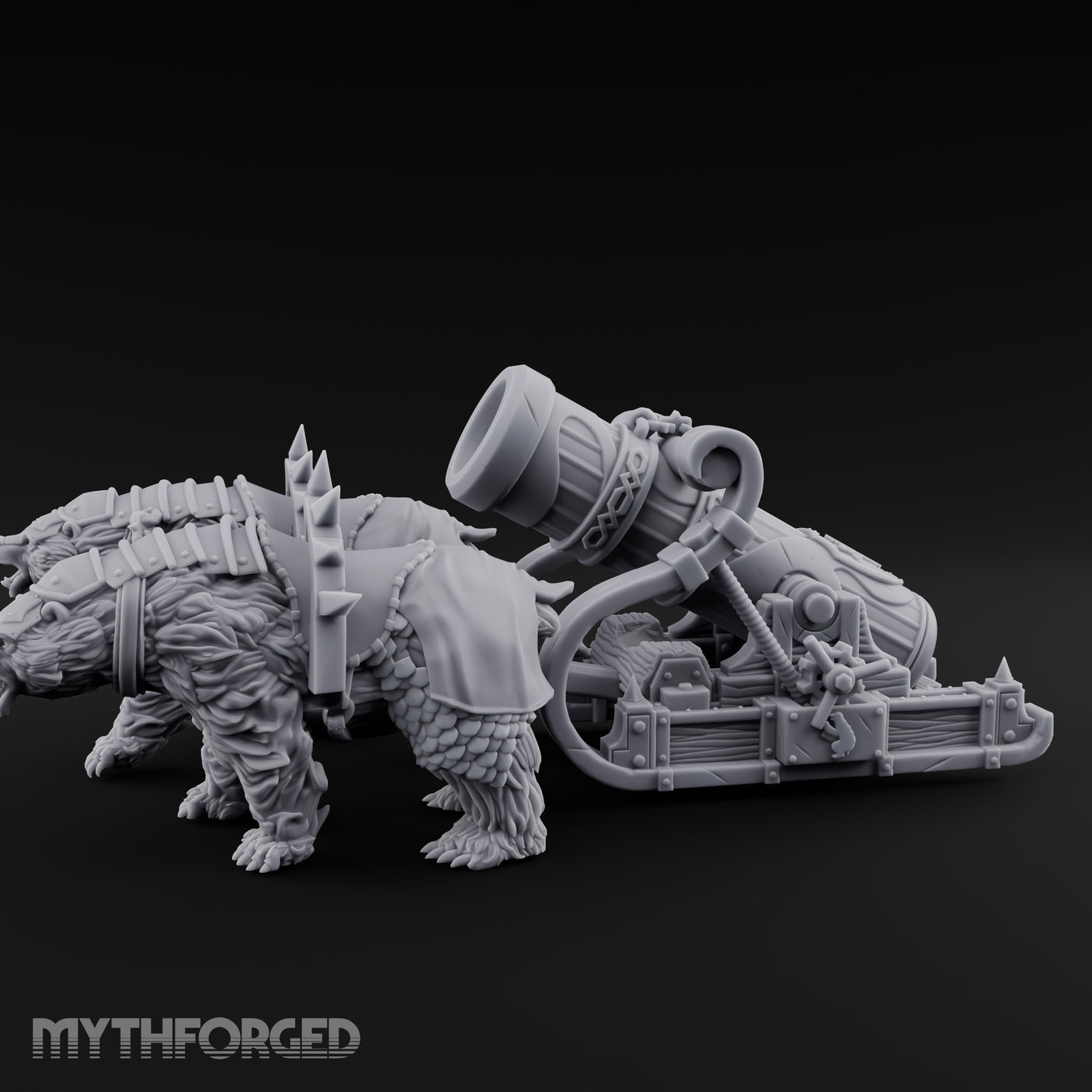 Twin Spiked Mortar-Hauling Armoured Bear Cannon Miniature for Dungeons and Dragons, Pathfinder or other TTRPGs